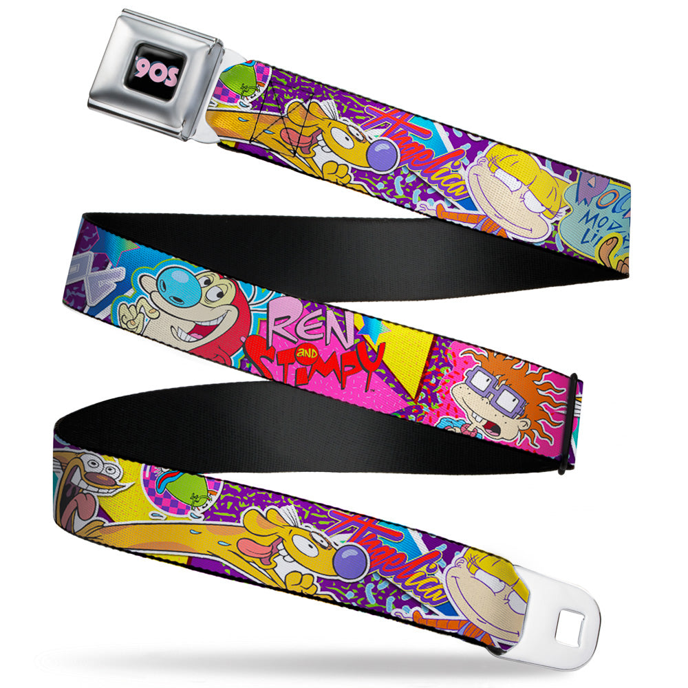 Nick 90'S Rewind Icon Full Color Black/Blue/Pink Seatbelt Belt - Nick 90's Rewind 7-Character/4-Logo Collage Webbing Seatbelt Belts Nick 90s