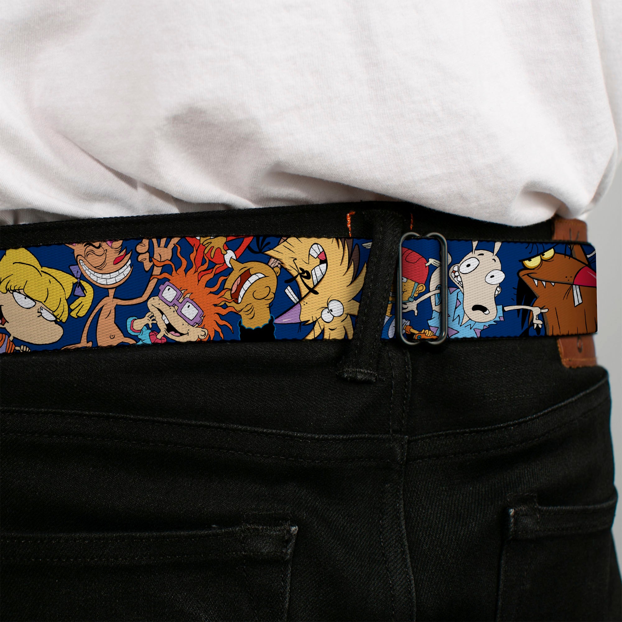 Nick 90'S Rewind Icon Full Color Black/Blue/Pink Seatbelt Belt - Nick 90's Rewind 16-Character Poses Navy Blue Webbing Seatbelt Belts Nick 90s