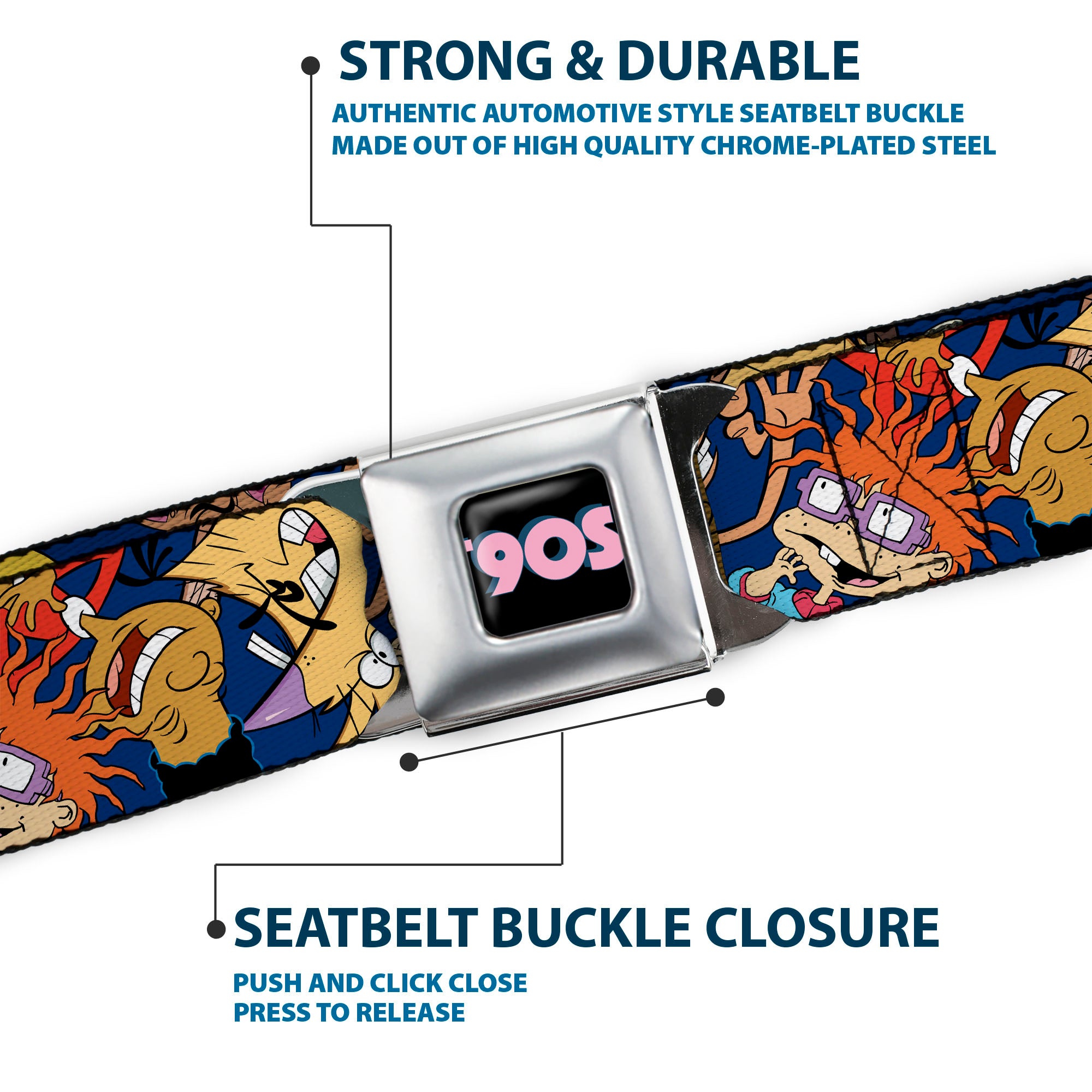 Nick 90'S Rewind Icon Full Color Black/Blue/Pink Seatbelt Belt - Nick 90's Rewind 16-Character Poses Navy Blue Webbing Seatbelt Belts Nick 90s