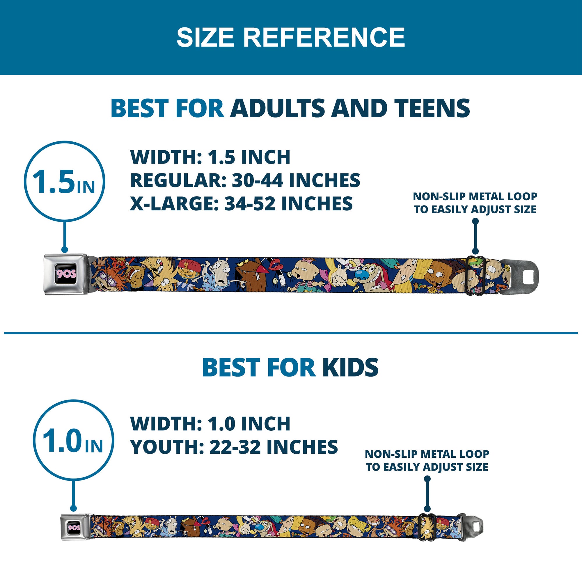 Nick 90'S Rewind Icon Full Color Black/Blue/Pink Seatbelt Belt - Nick 90's Rewind 16-Character Poses Navy Blue Webbing Seatbelt Belts Nick 90s