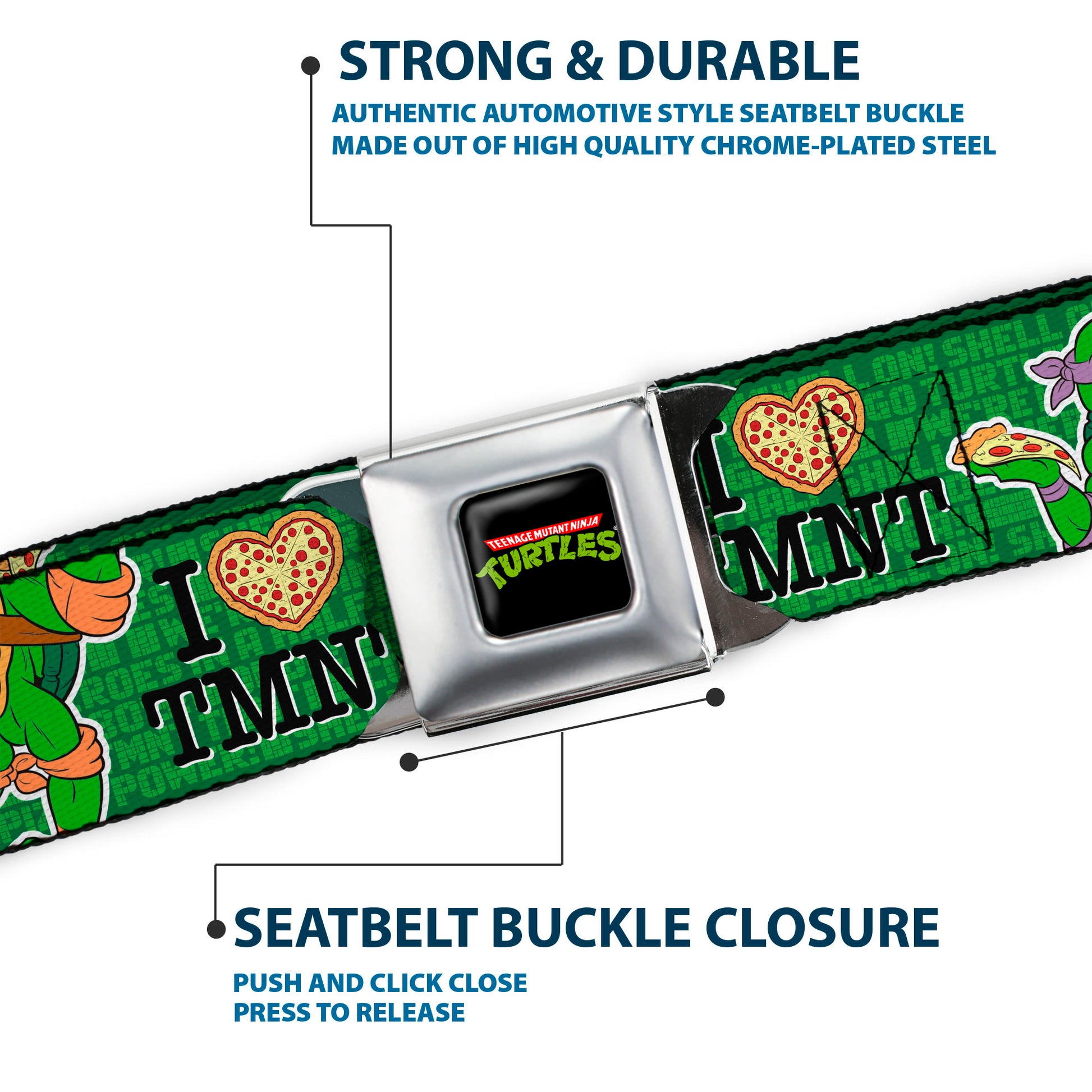Classic TMNT Logo Full Color Seatbelt Belt - I "HEART" TMNT/Classic Turtles & Pizza Green Webbing Seatbelt Belts Teenage Mutant Ninja Turtles