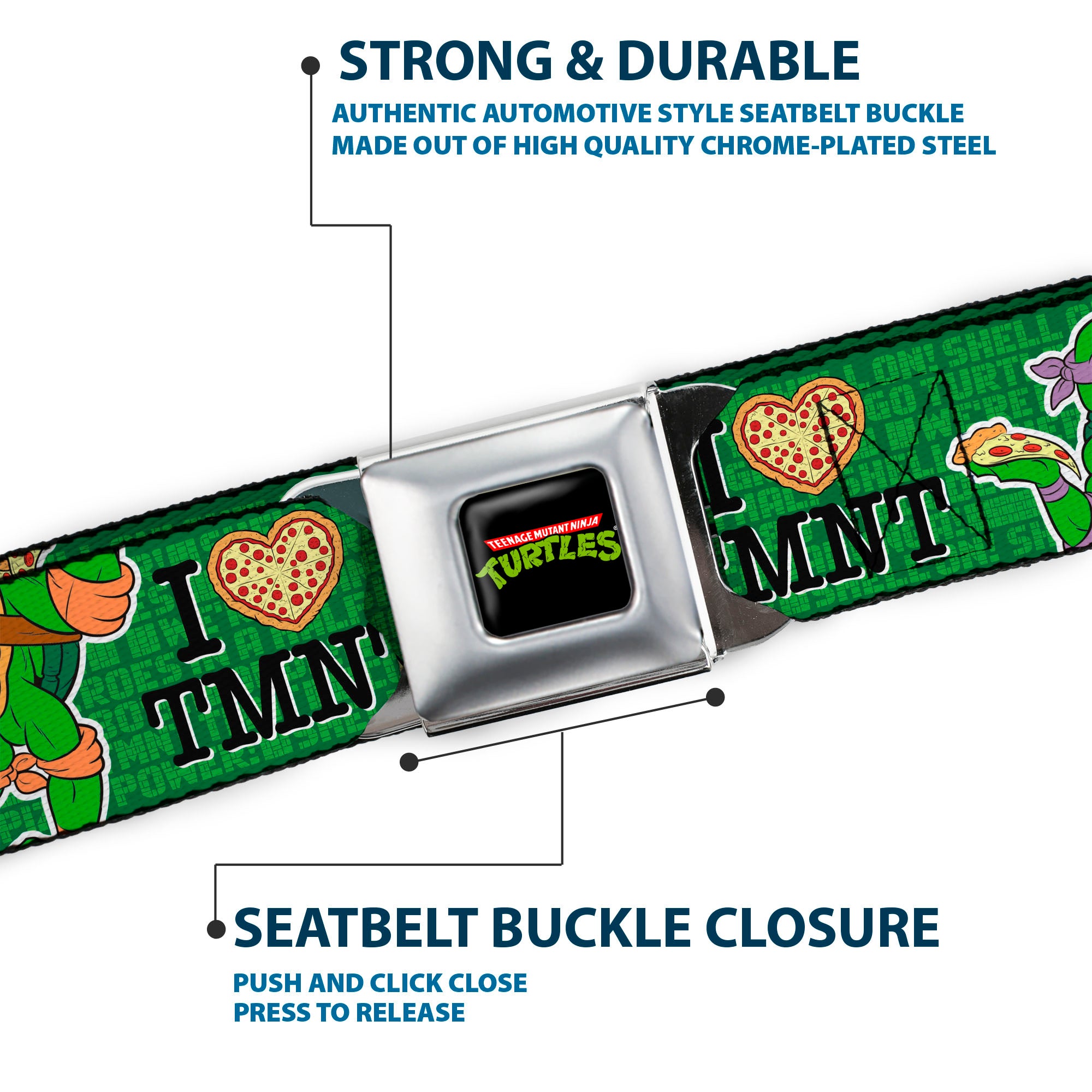 Classic TMNT Logo Full Color Seatbelt Belt - I "HEART" TMNT/Classic Turtles & Pizza Green Webbing Seatbelt Belts Teenage Mutant Ninja Turtles