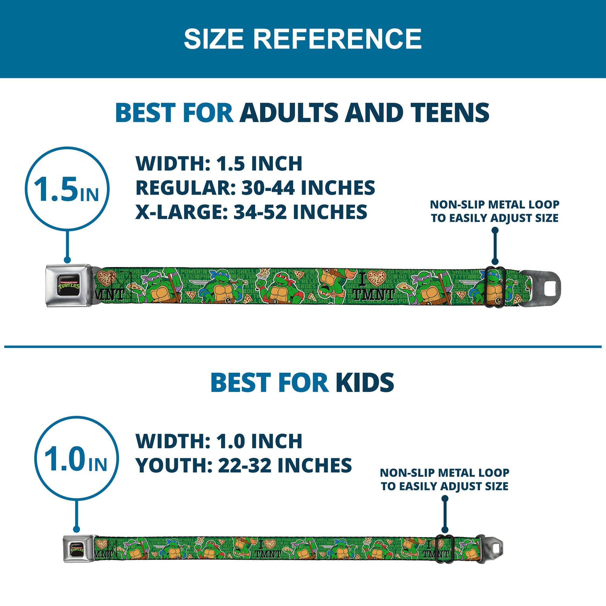 Classic TMNT Logo Full Color Seatbelt Belt - I "HEART" TMNT/Classic Turtles & Pizza Green Webbing Seatbelt Belts Teenage Mutant Ninja Turtles