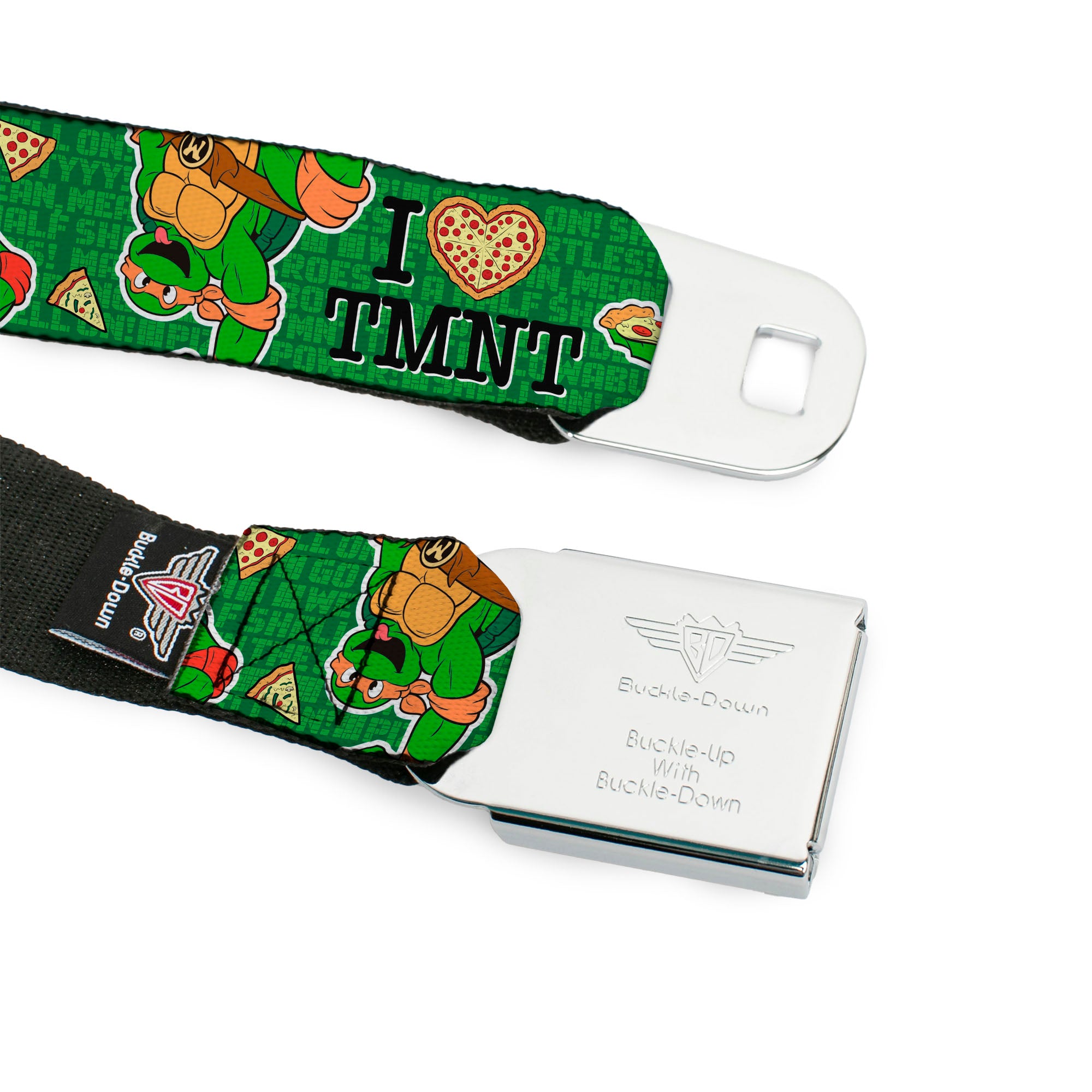 Classic TMNT Logo Full Color Seatbelt Belt - I "HEART" TMNT/Classic Turtles & Pizza Green Webbing Seatbelt Belts Teenage Mutant Ninja Turtles
