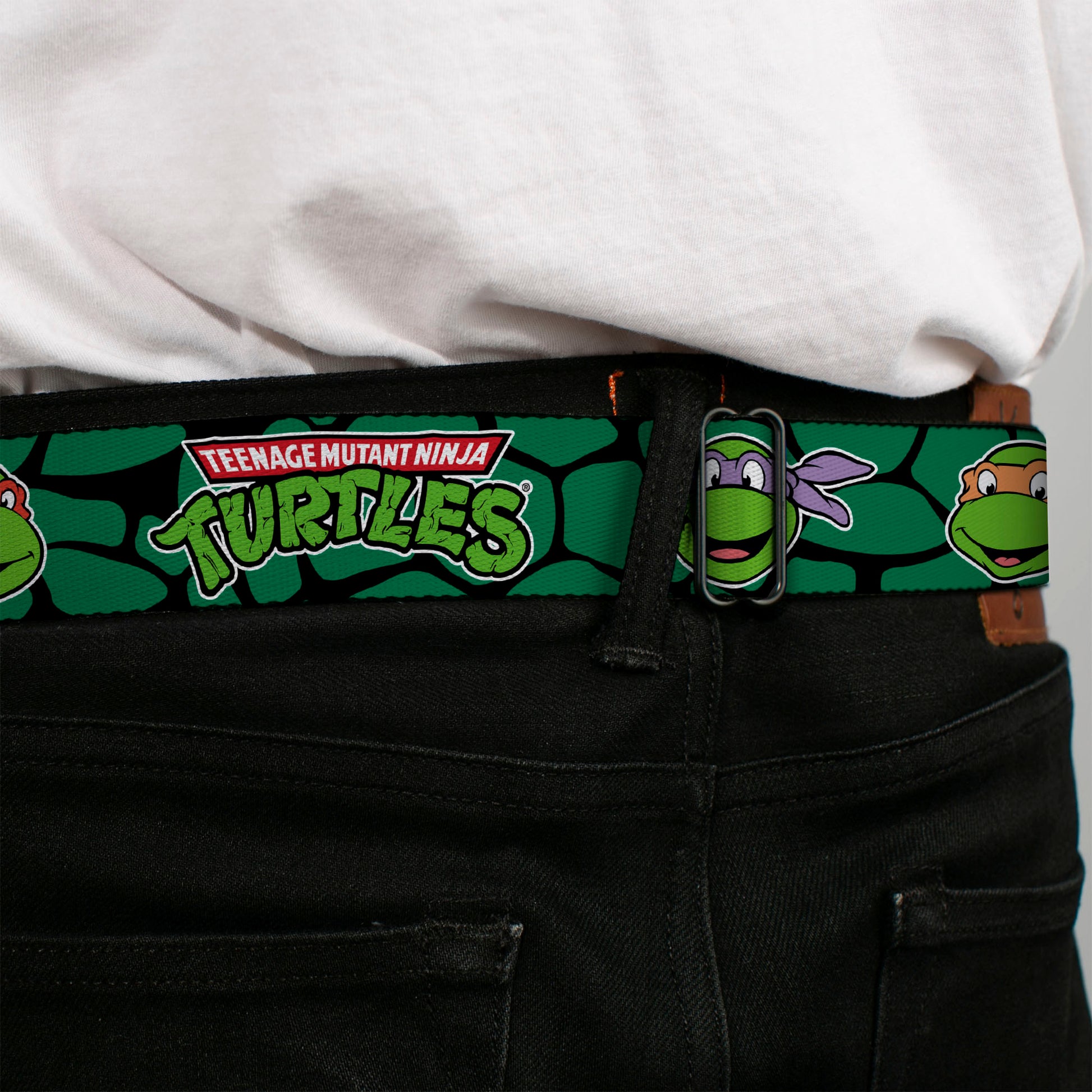 Classic TMNT Logo Full Color Seatbelt Belt - Classic TEENAGE MUTANT NINJA TURTLES Turtle Faces Black/Green Turtle Shell Webbing Seatbelt Belts Teenage Mutant Ninja Turtles