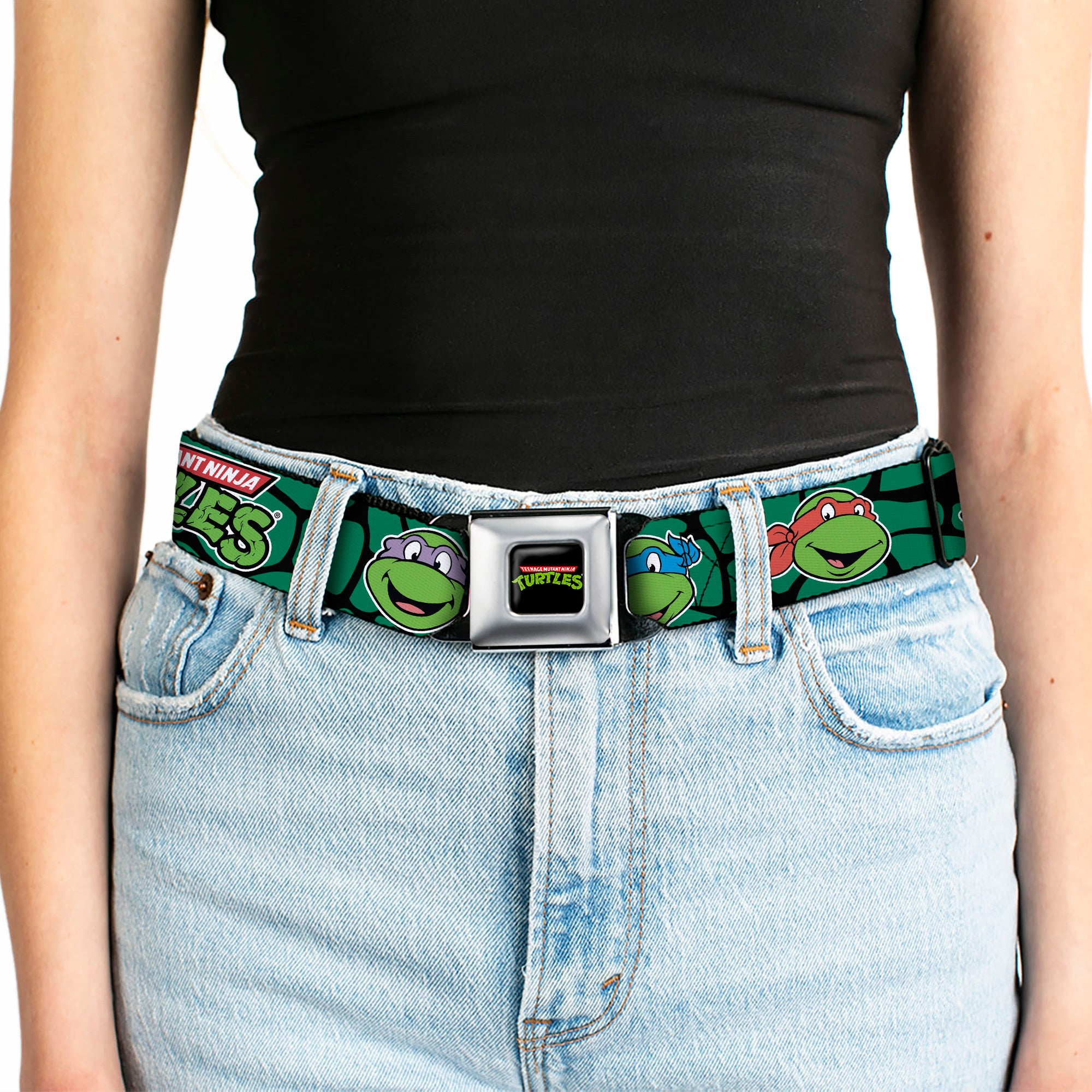 Classic TMNT Logo Full Color Seatbelt Belt - Classic TEENAGE MUTANT NINJA TURTLES Turtle Faces Black/Green Turtle Shell Webbing Seatbelt Belts Teenage Mutant Ninja Turtles