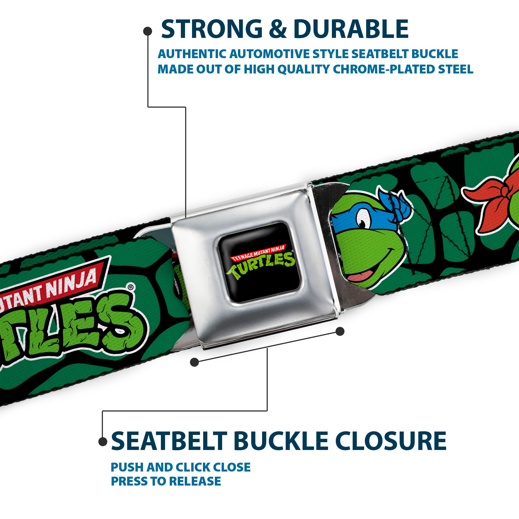 Classic TMNT Logo Full Color Seatbelt Belt - Classic TEENAGE MUTANT NINJA TURTLES Turtle Faces Black/Green Turtle Shell Webbing Seatbelt Belts Teenage Mutant Ninja Turtles