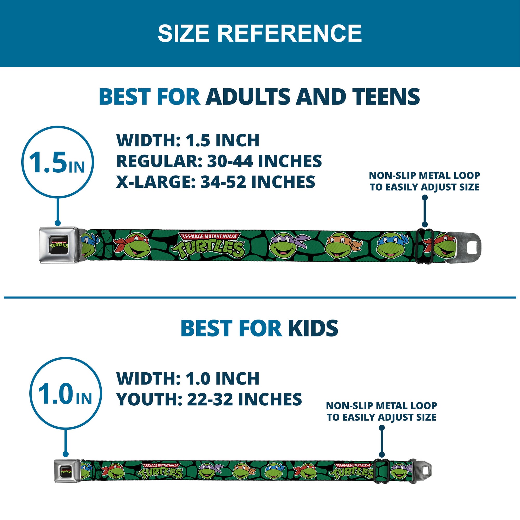 Classic TMNT Logo Full Color Seatbelt Belt - Classic TEENAGE MUTANT NINJA TURTLES Turtle Faces Black/Green Turtle Shell Webbing Seatbelt Belts Teenage Mutant Ninja Turtles