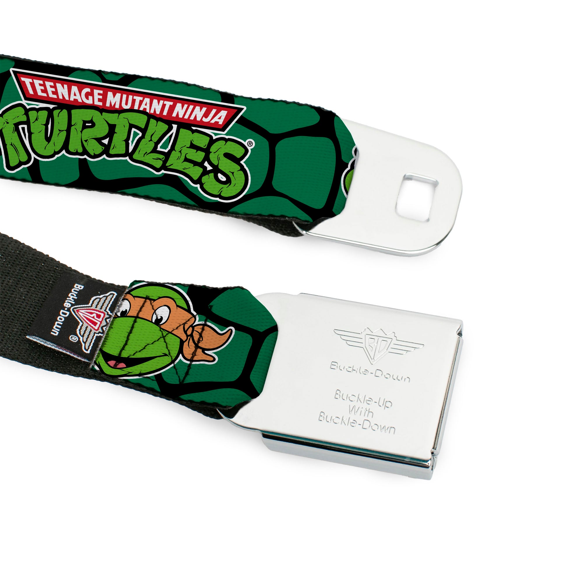 Classic TMNT Logo Full Color Seatbelt Belt - Classic TEENAGE MUTANT NINJA TURTLES Turtle Faces Black/Green Turtle Shell Webbing Seatbelt Belts Teenage Mutant Ninja Turtles