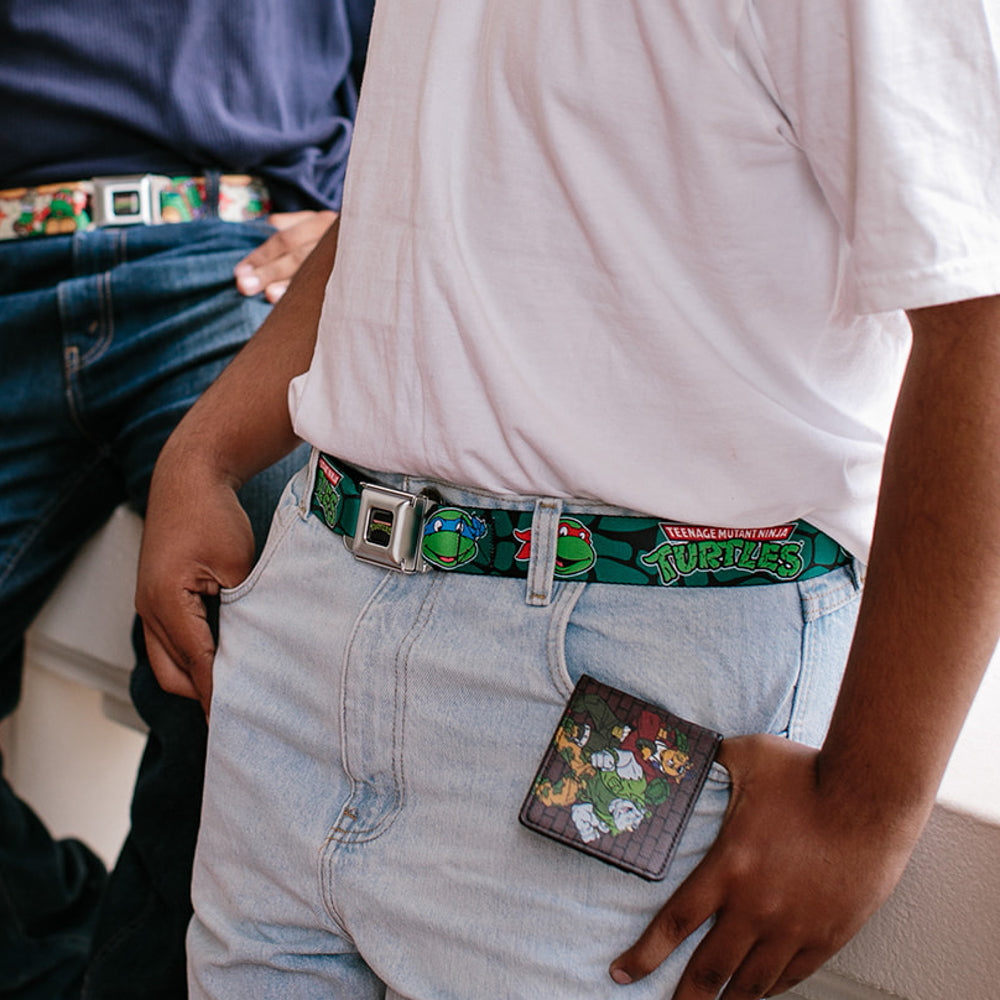 Classic TMNT Logo Full Color Seatbelt Belt - Classic TEENAGE MUTANT NINJA TURTLES Turtle Faces Black/Green Turtle Shell Webbing Seatbelt Belts Teenage Mutant Ninja Turtles