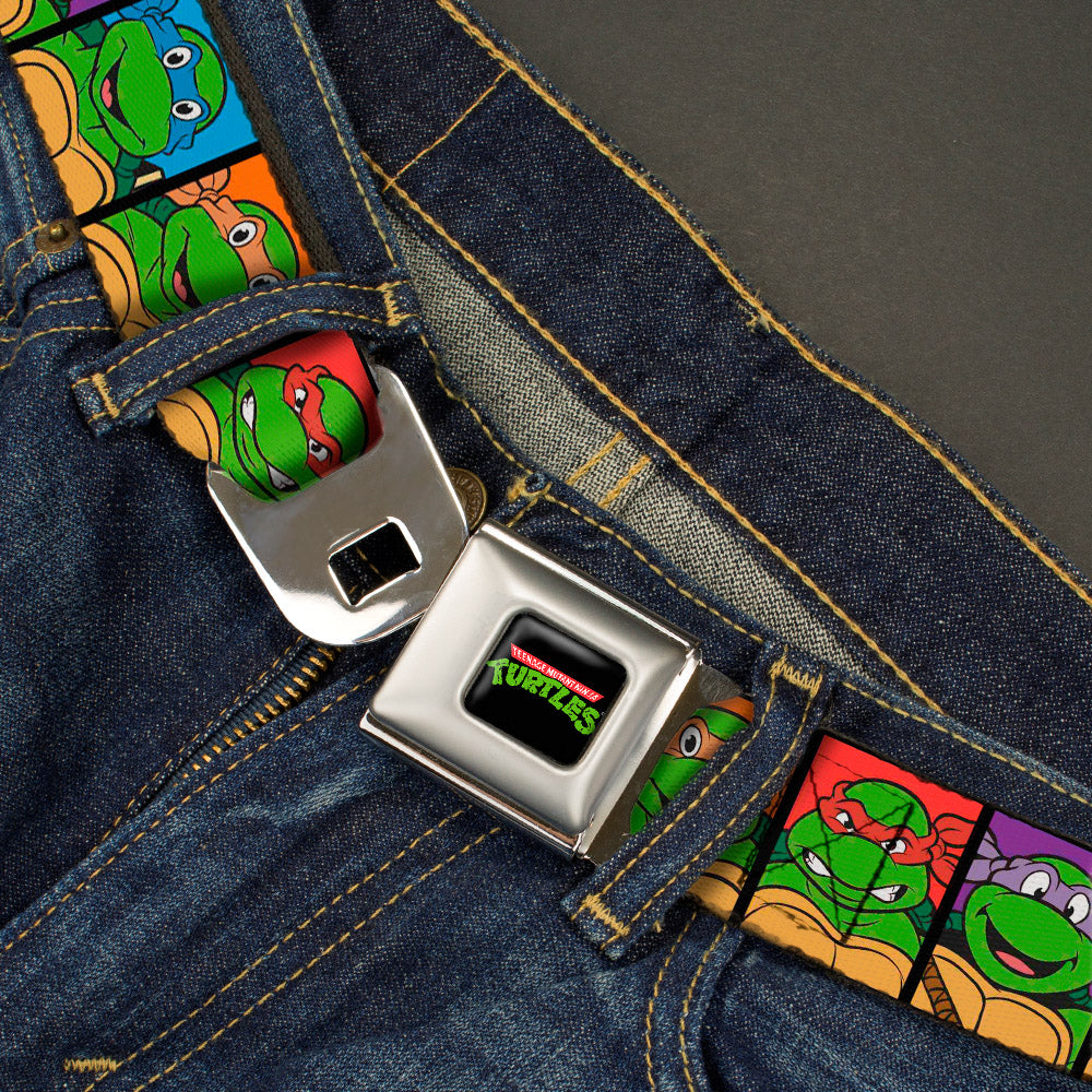 Classic TMNT Logo Full Color Seatbelt Belt - Classic Teenage Mutant Ninja Turtles Face Blocks Black/Multi Color Webbing Seatbelt Belts Teenage Mutant Ninja Turtles