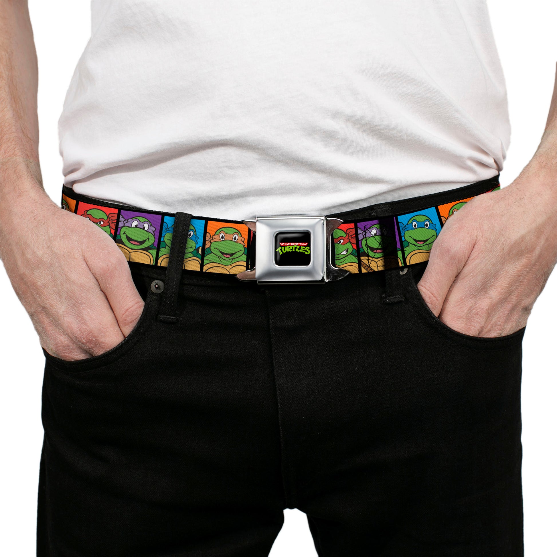 Classic TMNT Logo Full Color Seatbelt Belt - Classic Teenage Mutant Ninja Turtles Face Blocks Black/Multi Color Webbing Seatbelt Belts Teenage Mutant Ninja Turtles