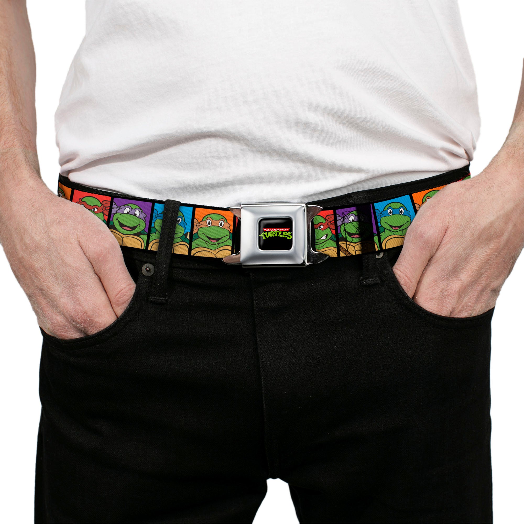 Classic TMNT Logo Full Color Seatbelt Belt - Classic Teenage Mutant Ninja Turtles Face Blocks Black/Multi Color Webbing Seatbelt Belts Teenage Mutant Ninja Turtles