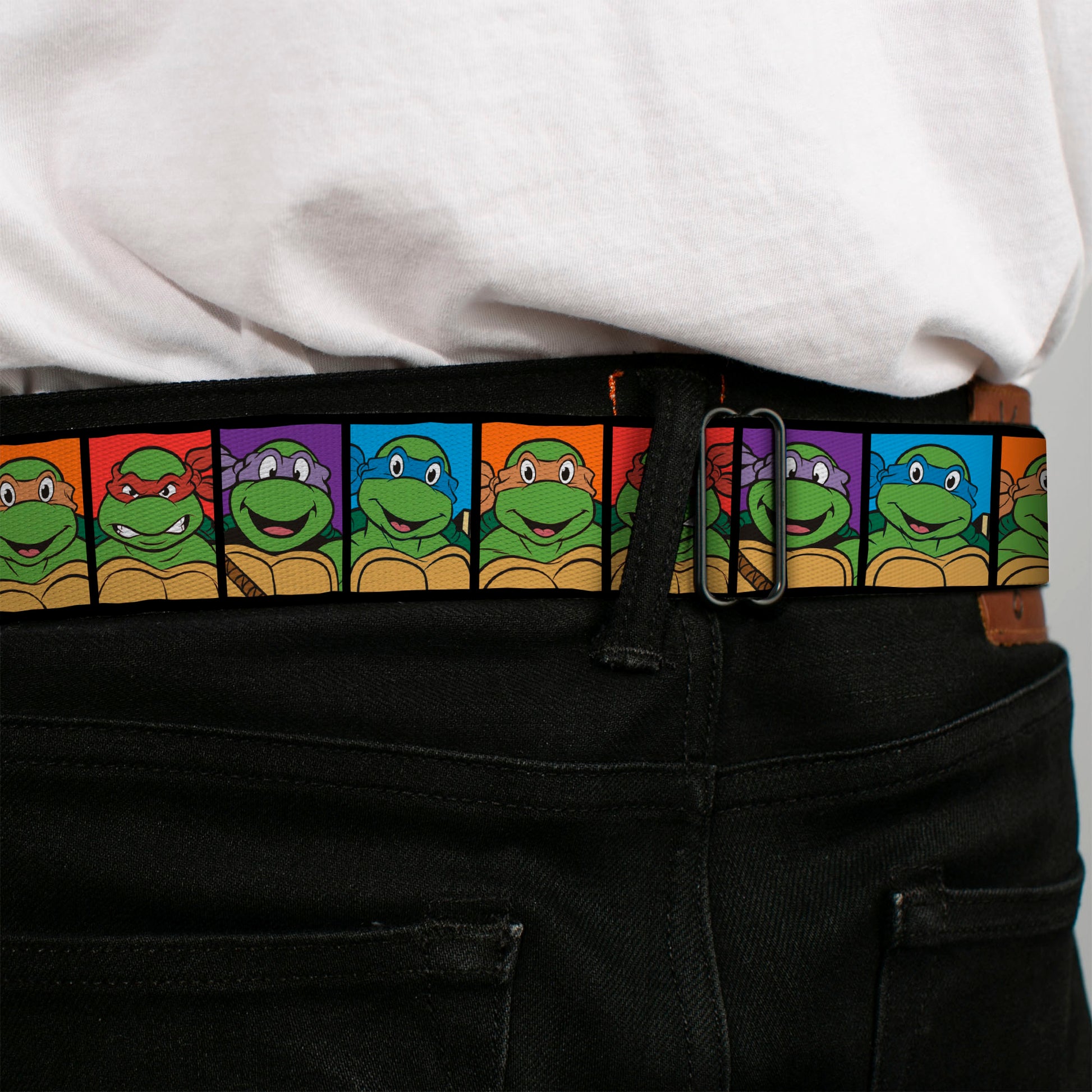 Classic TMNT Logo Full Color Seatbelt Belt - Classic Teenage Mutant Ninja Turtles Face Blocks Black/Multi Color Webbing Seatbelt Belts Teenage Mutant Ninja Turtles
