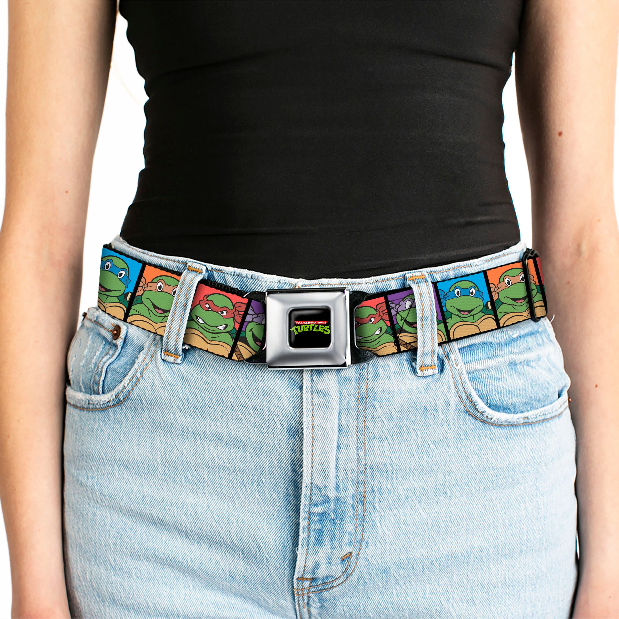 Classic TMNT Logo Full Color Seatbelt Belt - Classic Teenage Mutant Ninja Turtles Face Blocks Black/Multi Color Webbing Seatbelt Belts Teenage Mutant Ninja Turtles