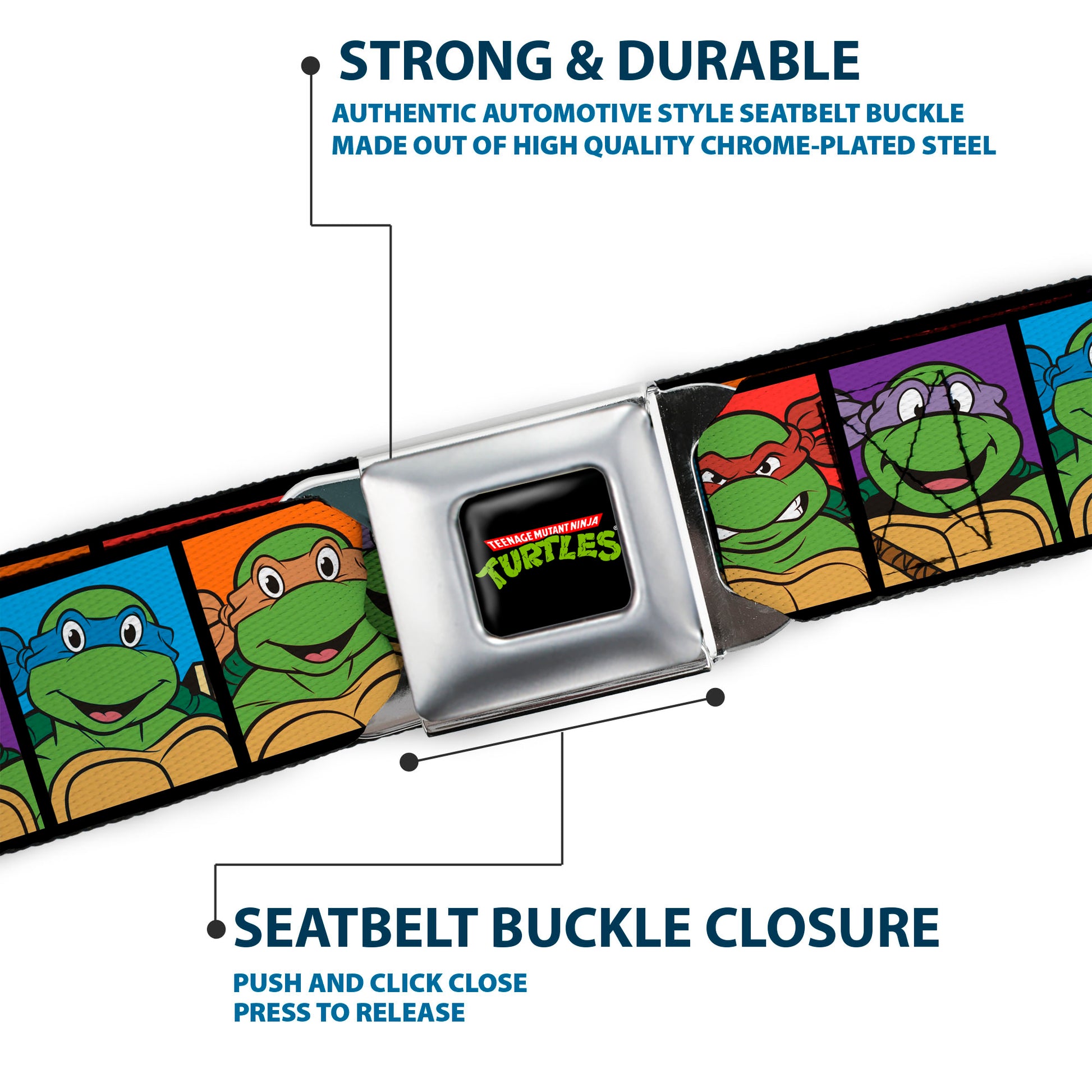 Classic TMNT Logo Full Color Seatbelt Belt - Classic Teenage Mutant Ninja Turtles Face Blocks Black/Multi Color Webbing Seatbelt Belts Teenage Mutant Ninja Turtles