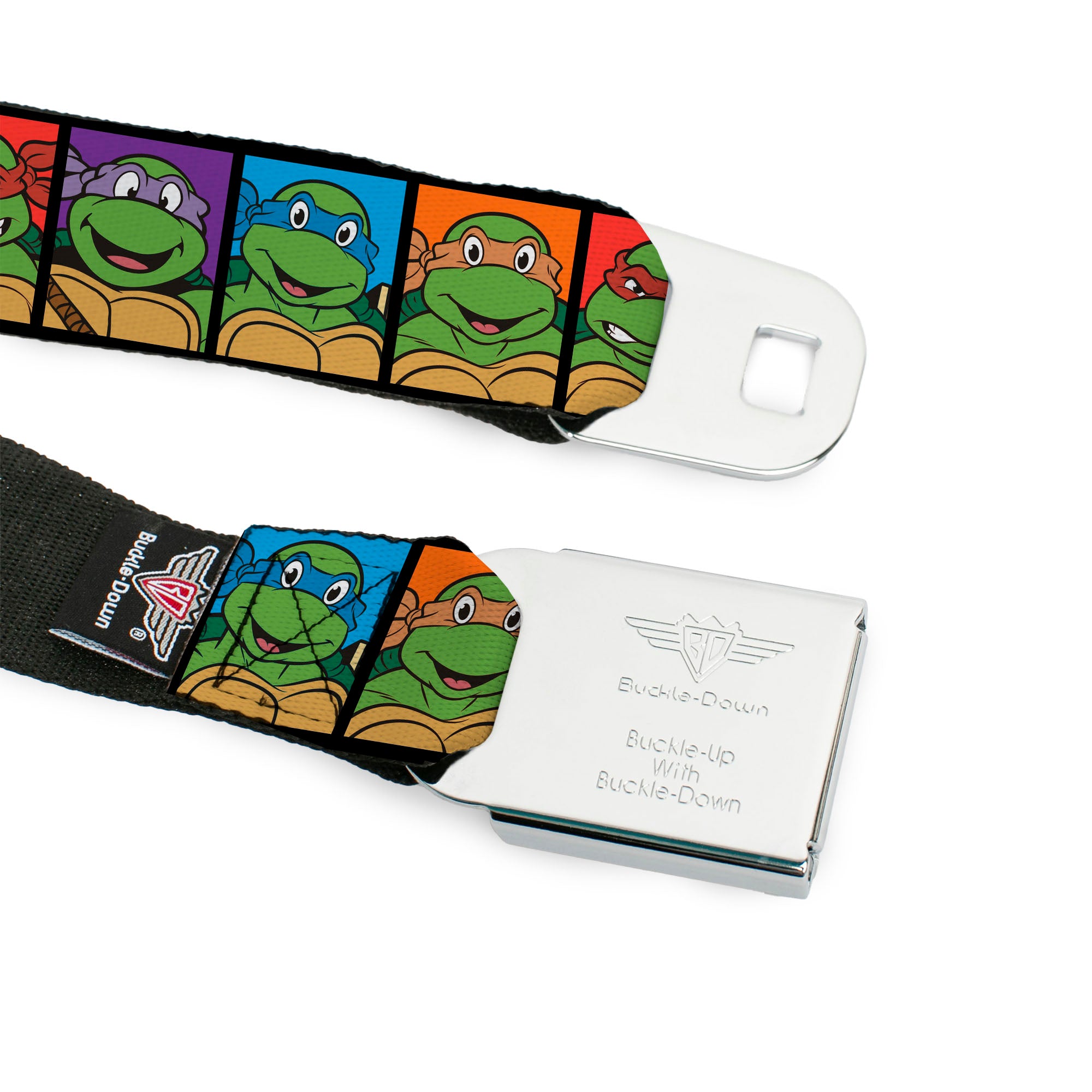 Classic TMNT Logo Full Color Seatbelt Belt - Classic Teenage Mutant Ninja Turtles Face Blocks Black/Multi Color Webbing Seatbelt Belts Teenage Mutant Ninja Turtles