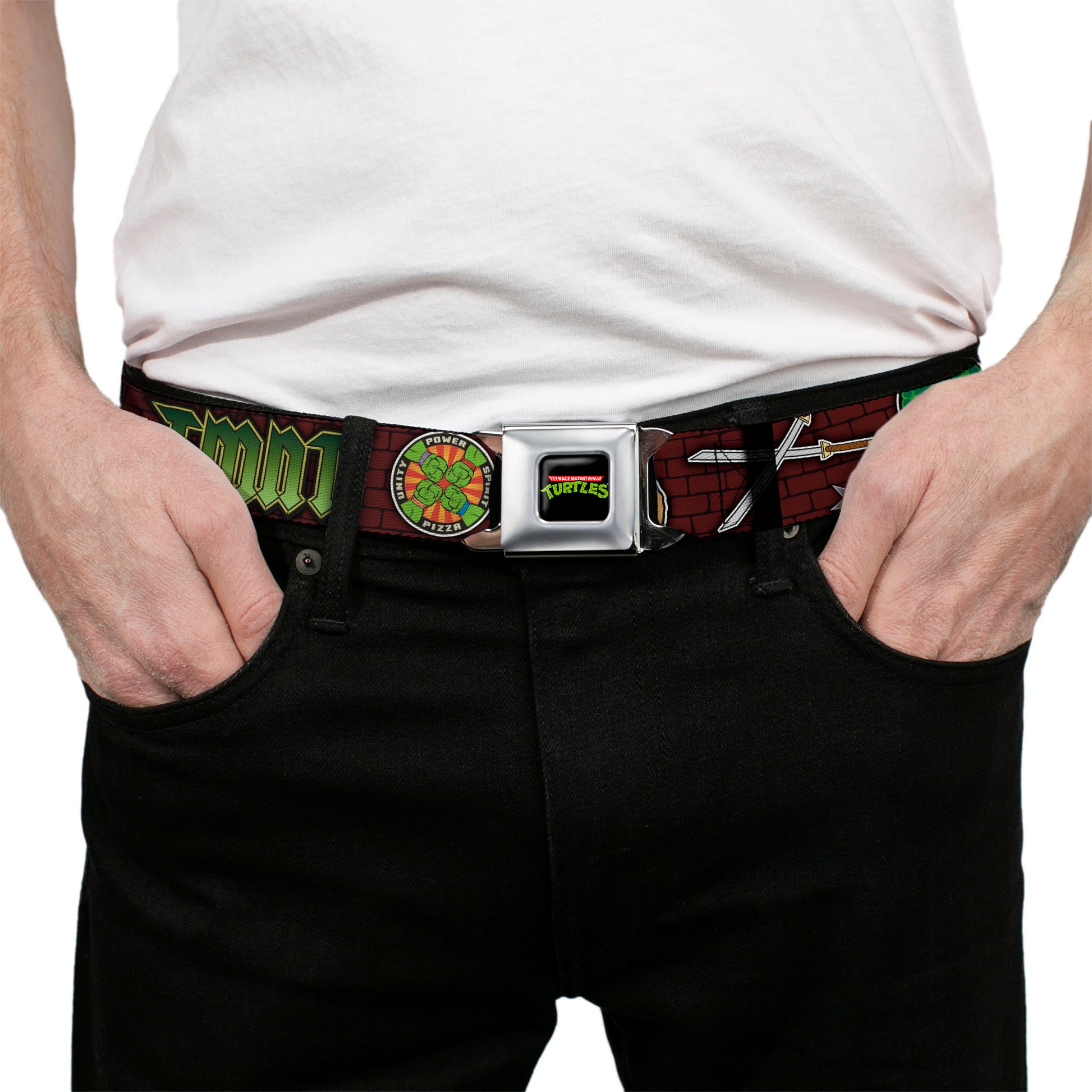 Classic TMNT Logo Full Color Seatbelt Belt - Classic TMNT Gear/Elements Brick Wall Webbing Seatbelt Belts Teenage Mutant Ninja Turtles