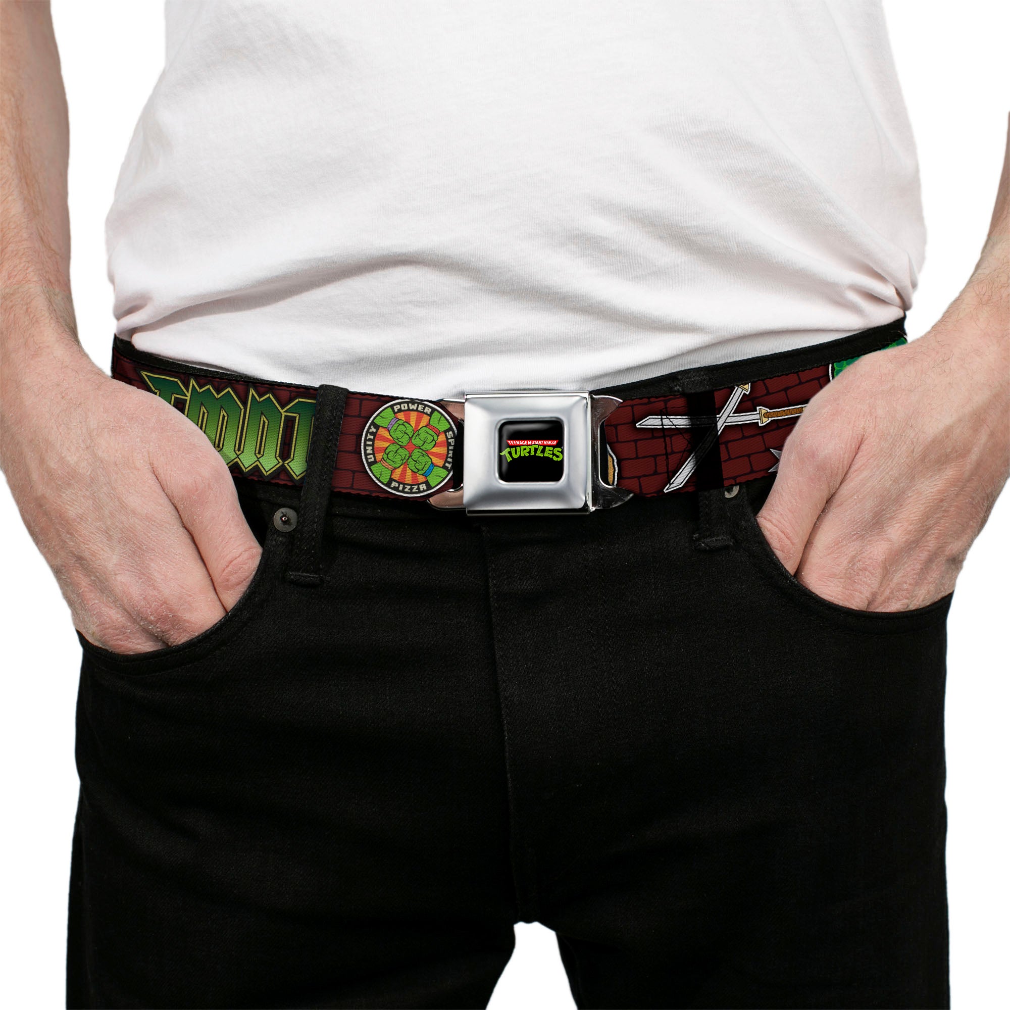 Classic TMNT Logo Full Color Seatbelt Belt - Classic TMNT Gear/Elements Brick Wall Webbing Seatbelt Belts Teenage Mutant Ninja Turtles