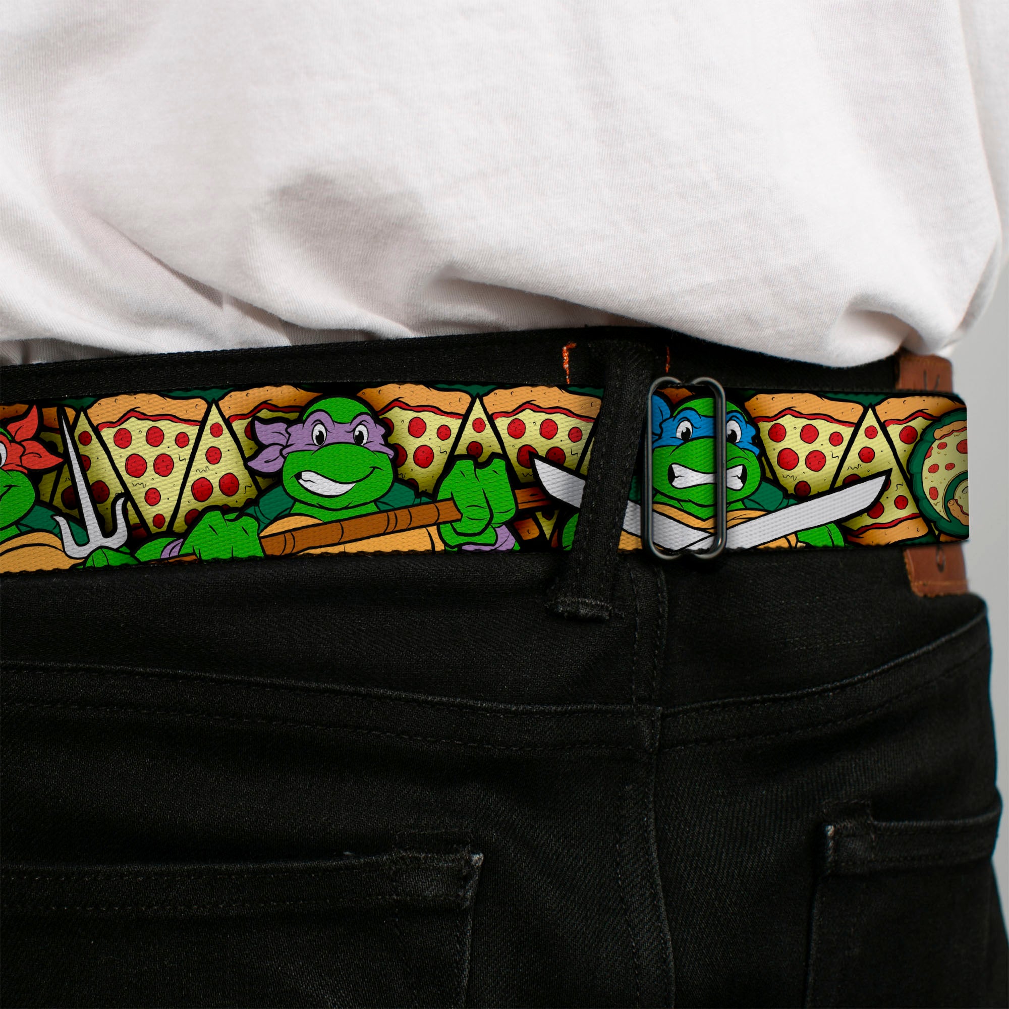 Classic TMNT Logo Full Color Seatbelt Belt - Classic Teenage Mutant Ninja Turtles Turtle Poses/Pizza Slices Webbing Seatbelt Belts Teenage Mutant Ninja Turtles