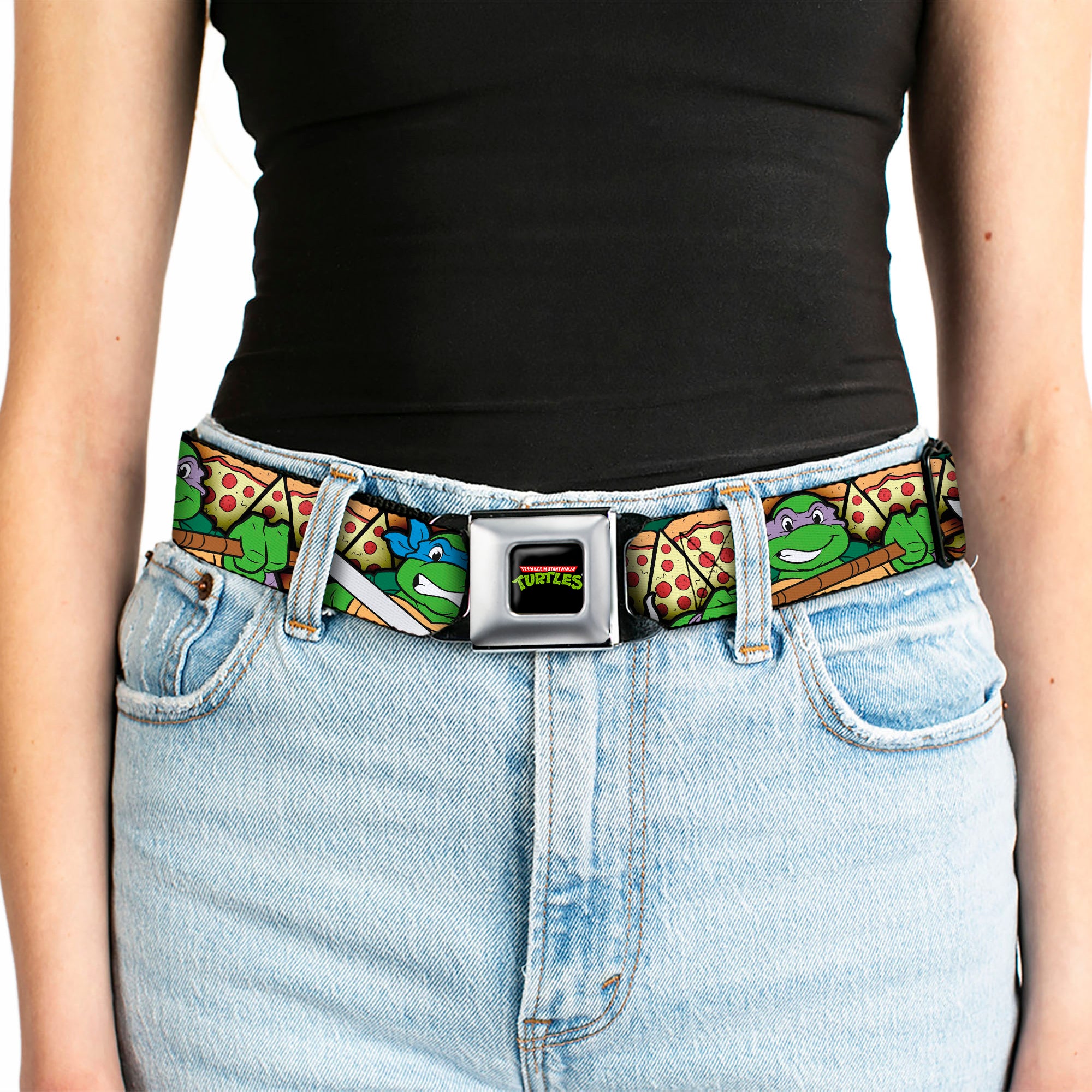 Classic TMNT Logo Full Color Seatbelt Belt - Classic Teenage Mutant Ninja Turtles Turtle Poses/Pizza Slices Webbing Seatbelt Belts Teenage Mutant Ninja Turtles