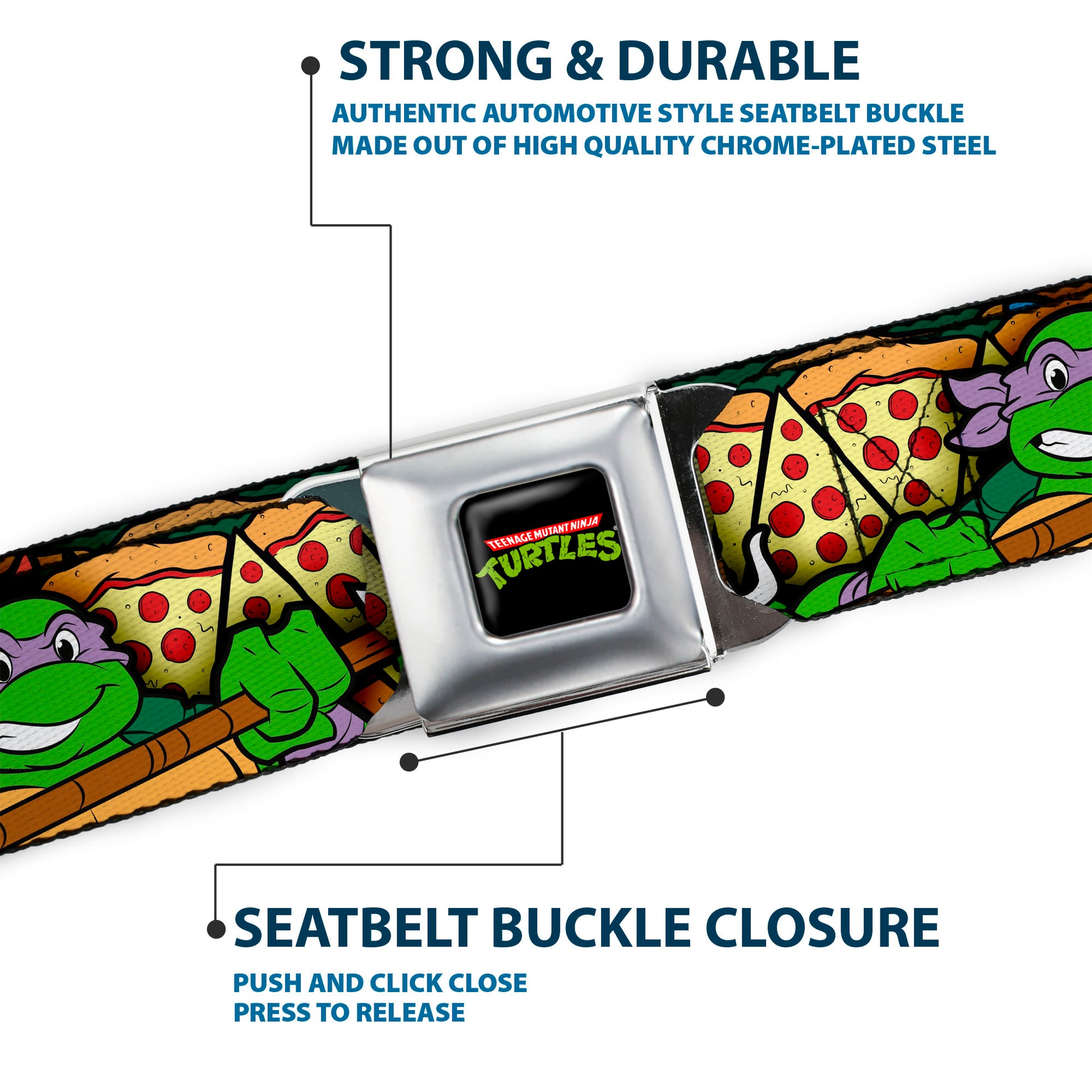 Classic TMNT Logo Full Color Seatbelt Belt - Classic Teenage Mutant Ninja Turtles Turtle Poses/Pizza Slices Webbing Seatbelt Belts Teenage Mutant Ninja Turtles