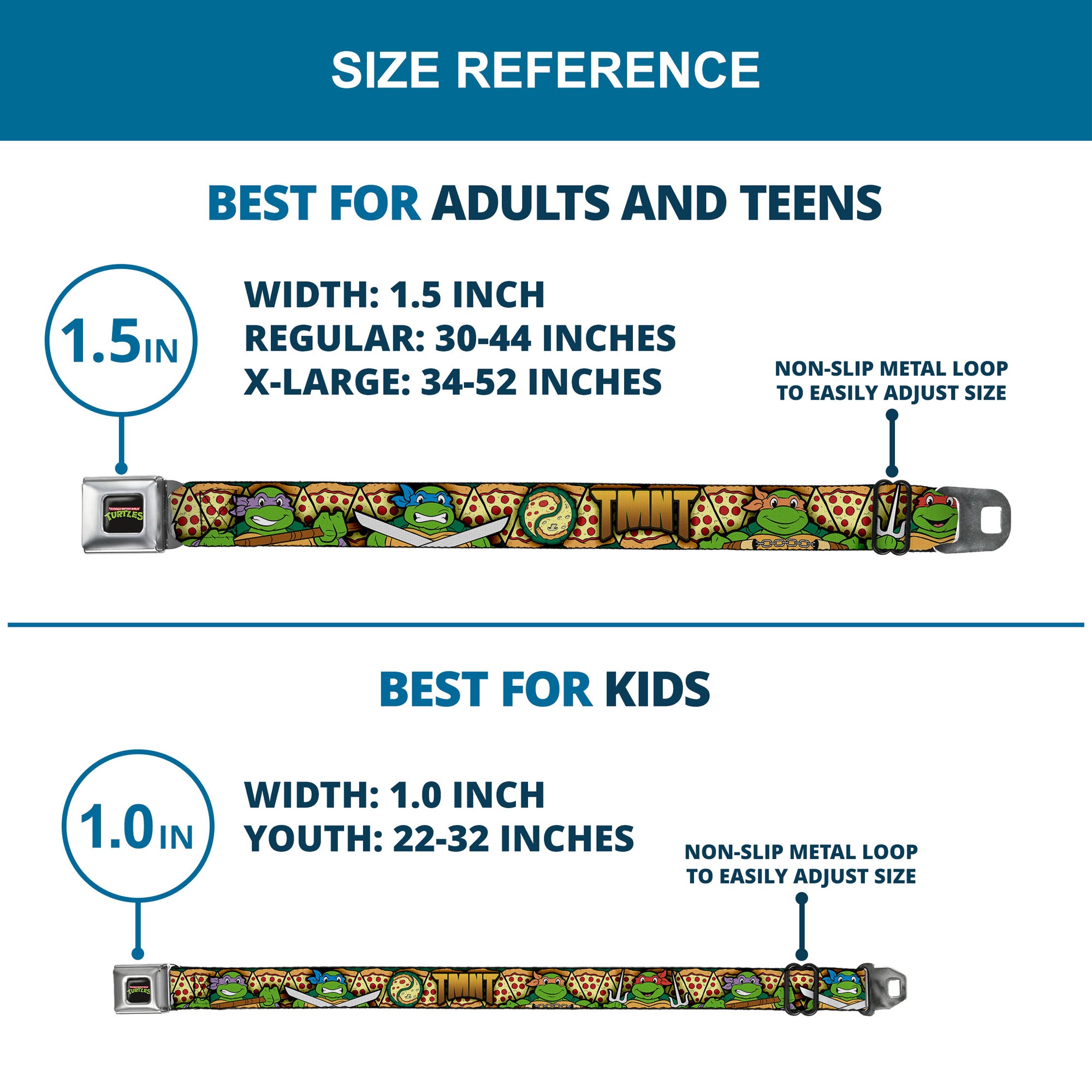 Classic TMNT Logo Full Color Seatbelt Belt - Classic Teenage Mutant Ninja Turtles Turtle Poses/Pizza Slices Webbing Seatbelt Belts Teenage Mutant Ninja Turtles