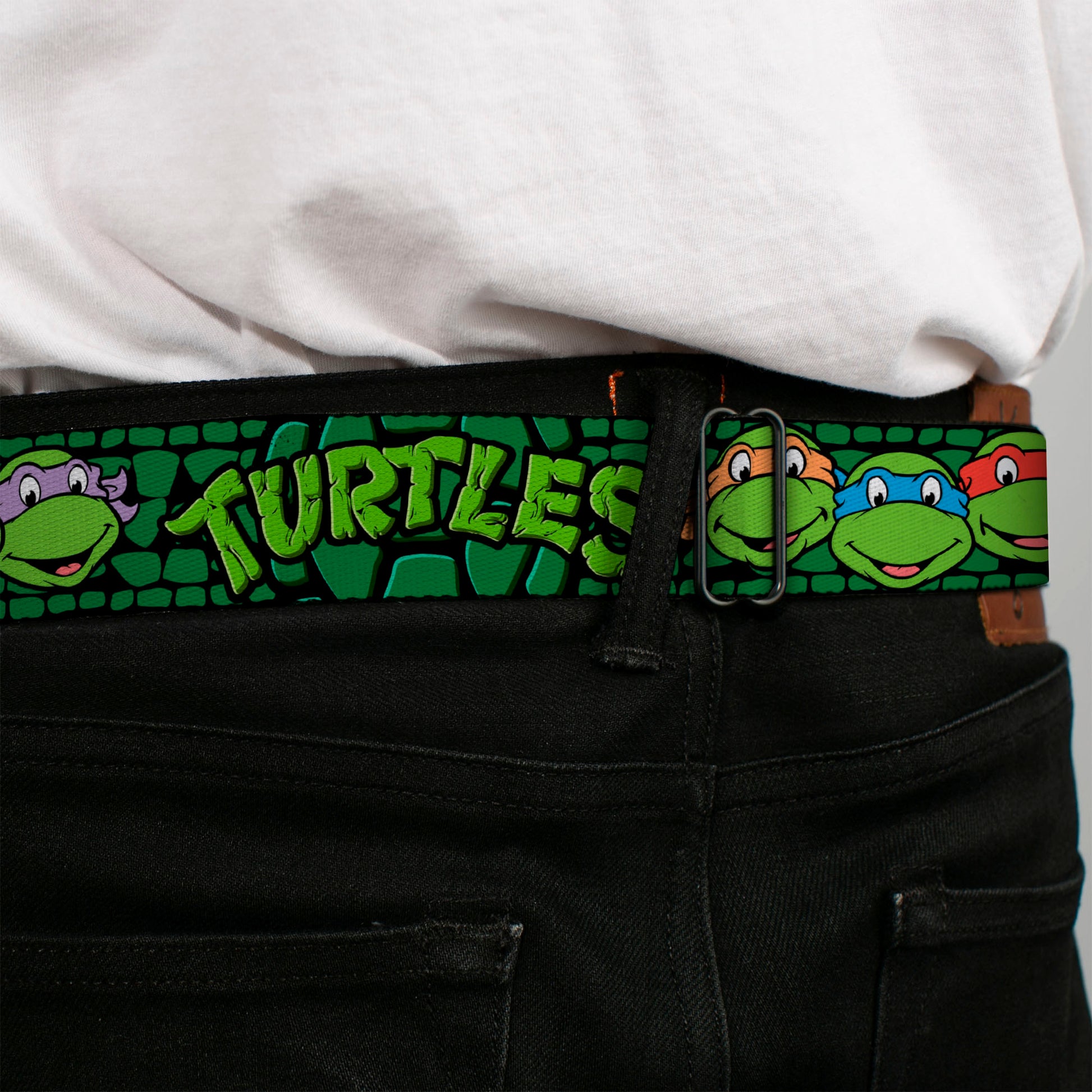Classic TMNT Logo Full Color Seatbelt Belt - Classic Teenage Mutant Ninja Turtles Group Faces/TURTLES Turtle Shell Black/Green Webbing Seatbelt Belts Teenage Mutant Ninja Turtles