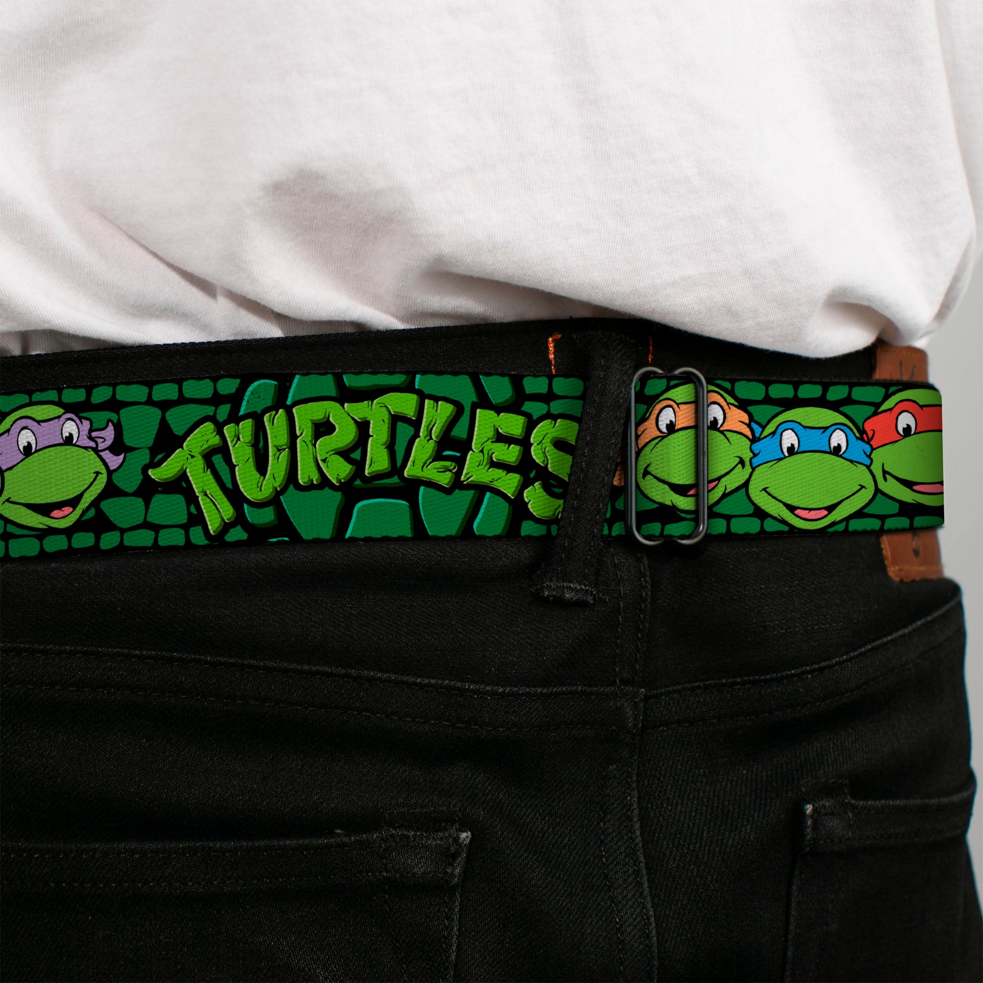 Classic TMNT Logo Full Color Seatbelt Belt - Classic Teenage Mutant Ninja Turtles Group Faces/TURTLES Turtle Shell Black/Green Webbing Seatbelt Belts Teenage Mutant Ninja Turtles