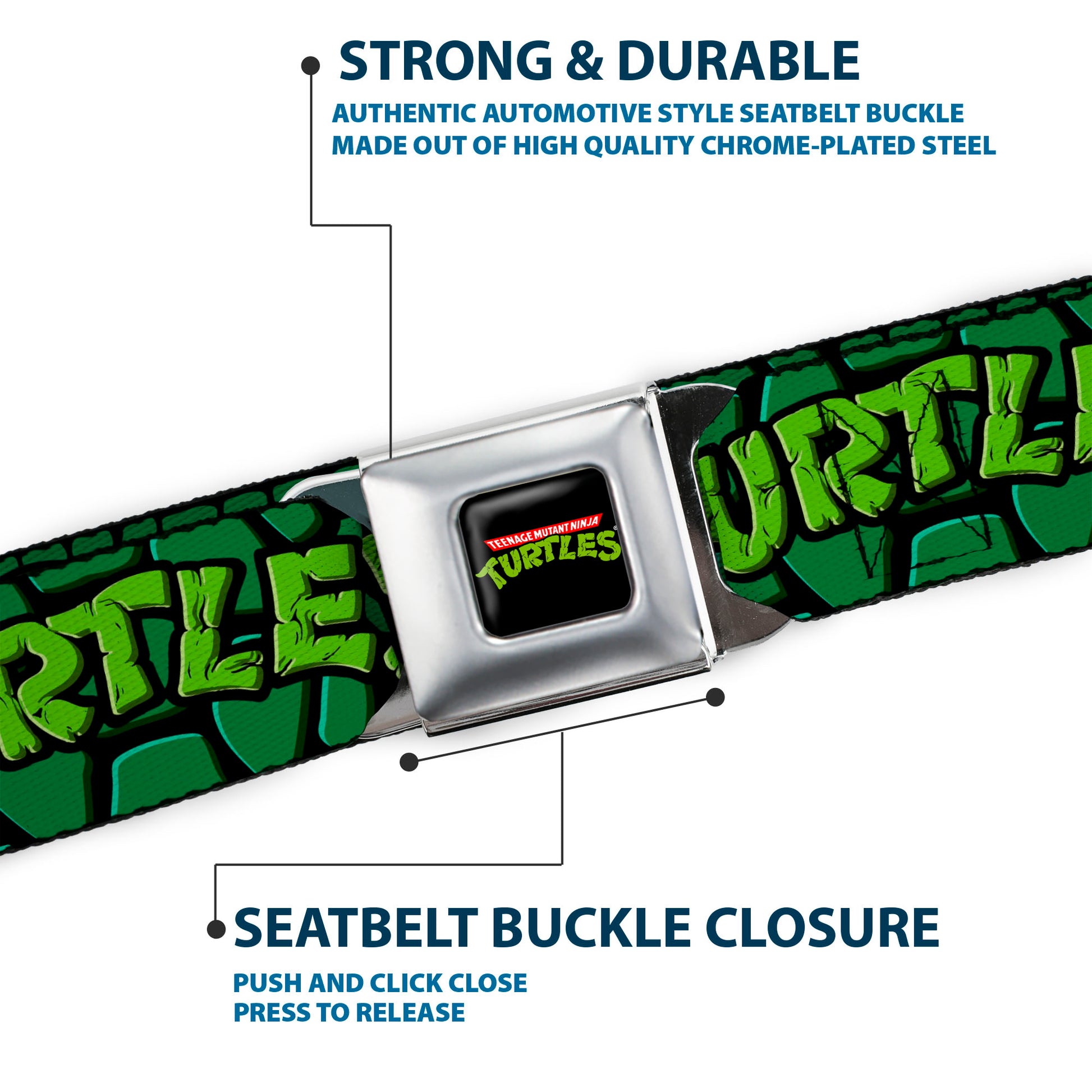 Classic TMNT Logo Full Color Seatbelt Belt - Classic Teenage Mutant Ninja Turtles Group Faces/TURTLES Turtle Shell Black/Green Webbing Seatbelt Belts Teenage Mutant Ninja Turtles