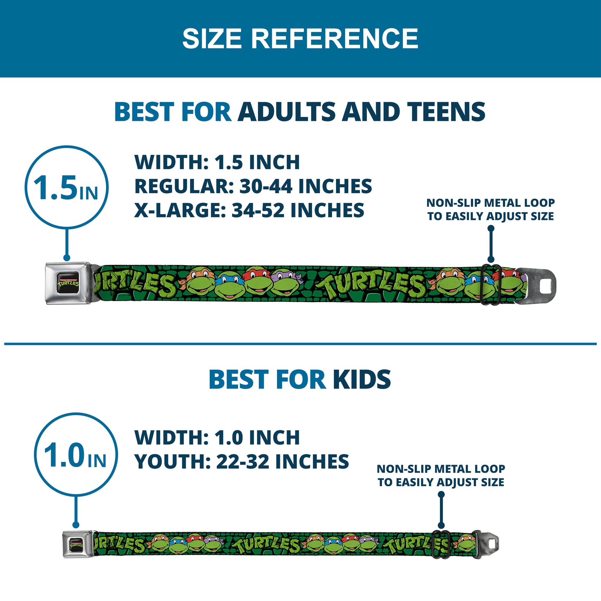 Classic TMNT Logo Full Color Seatbelt Belt - Classic Teenage Mutant Ninja Turtles Group Faces/TURTLES Turtle Shell Black/Green Webbing Seatbelt Belts Teenage Mutant Ninja Turtles