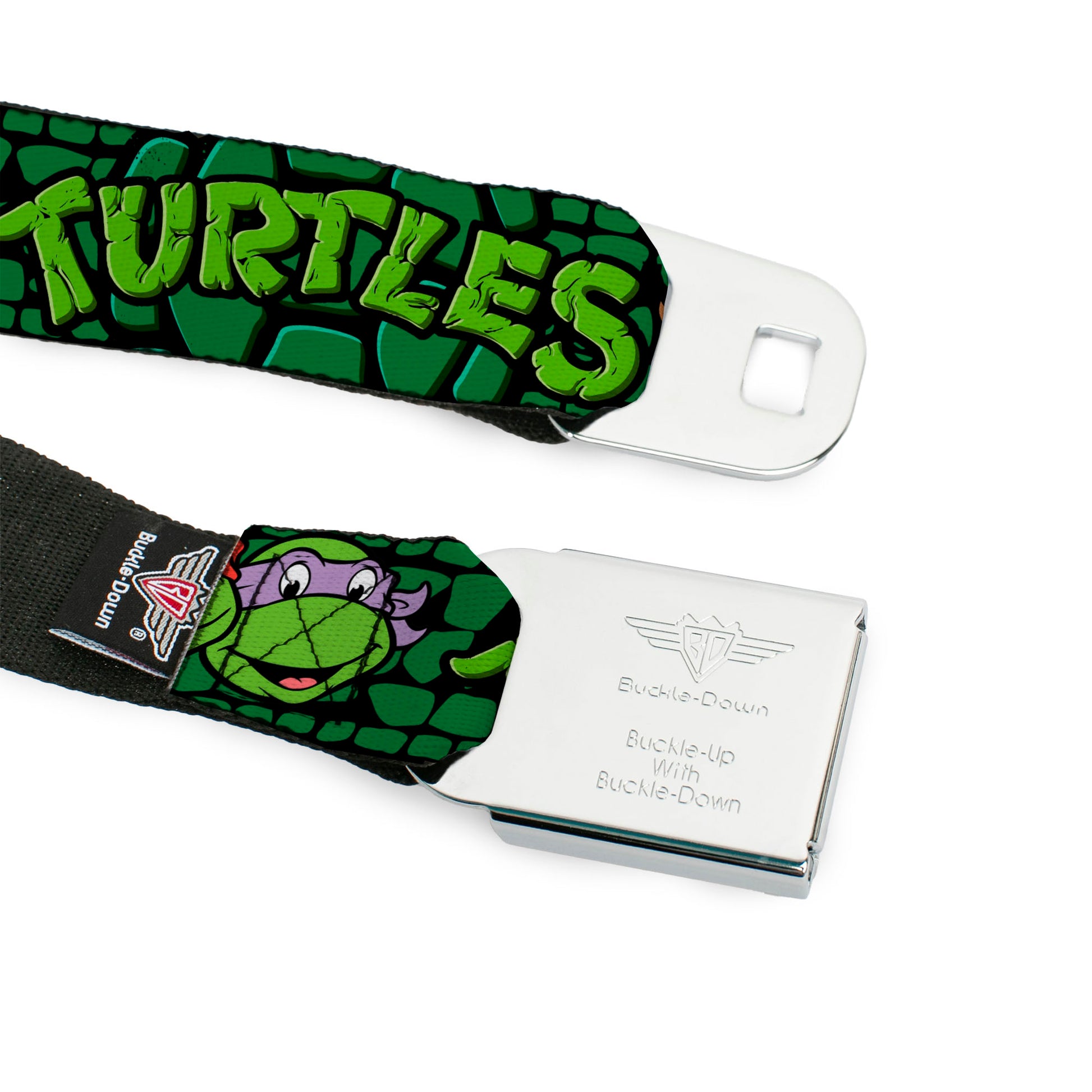 Classic TMNT Logo Full Color Seatbelt Belt - Classic Teenage Mutant Ninja Turtles Group Faces/TURTLES Turtle Shell Black/Green Webbing Seatbelt Belts Teenage Mutant Ninja Turtles