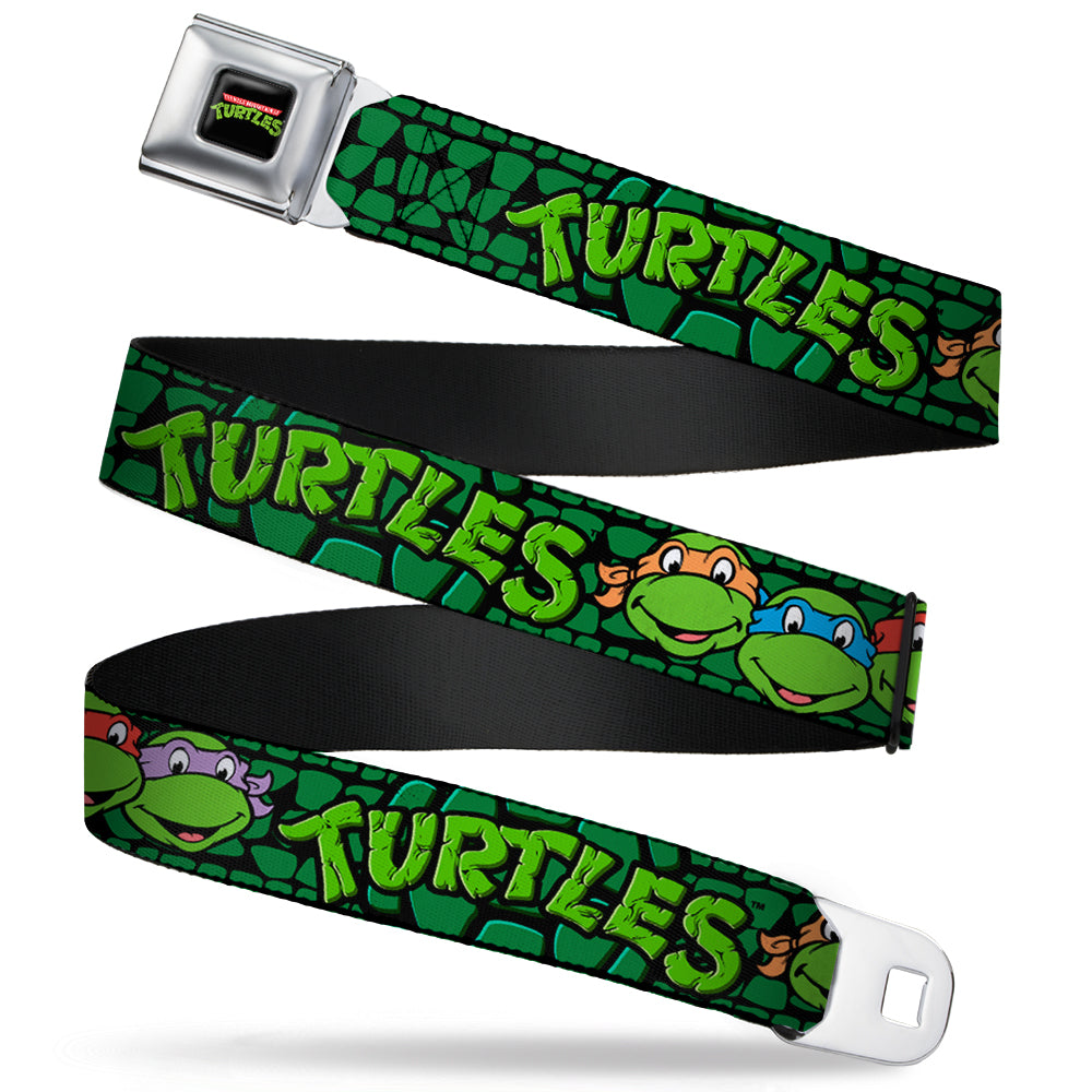 Classic TMNT Logo Full Color Seatbelt Belt - Classic Teenage Mutant Ninja Turtles Group Faces/TURTLES Turtle Shell Black/Green Webbing Seatbelt Belts Teenage Mutant Ninja Turtles