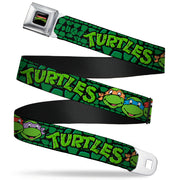 Classic TMNT Logo Full Color Seatbelt Belt - Classic Teenage Mutant Ninja Turtles Group Faces/TURTLES Turtle Shell Black/Green Webbing Seatbelt Belts Teenage Mutant Ninja Turtles