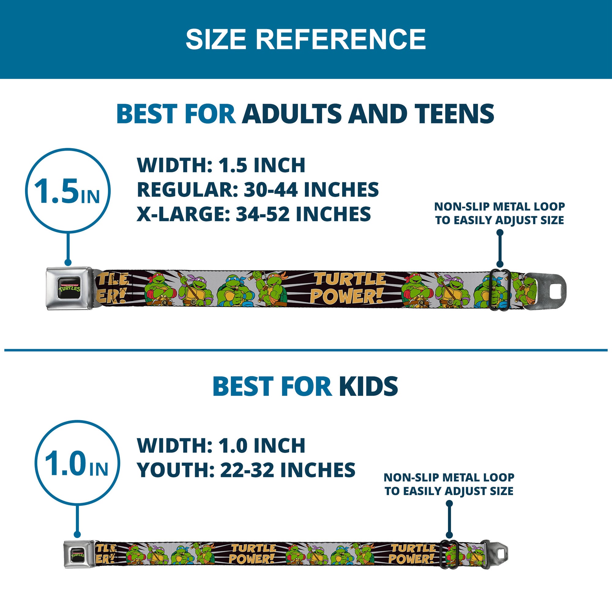 Classic TMNT Logo Full Color Seatbelt Belt - Classic Teenage Mutant Ninja Turtles Group Pose/TURTLE POWER! Webbing Seatbelt Belts Teenage Mutant Ninja Turtles
