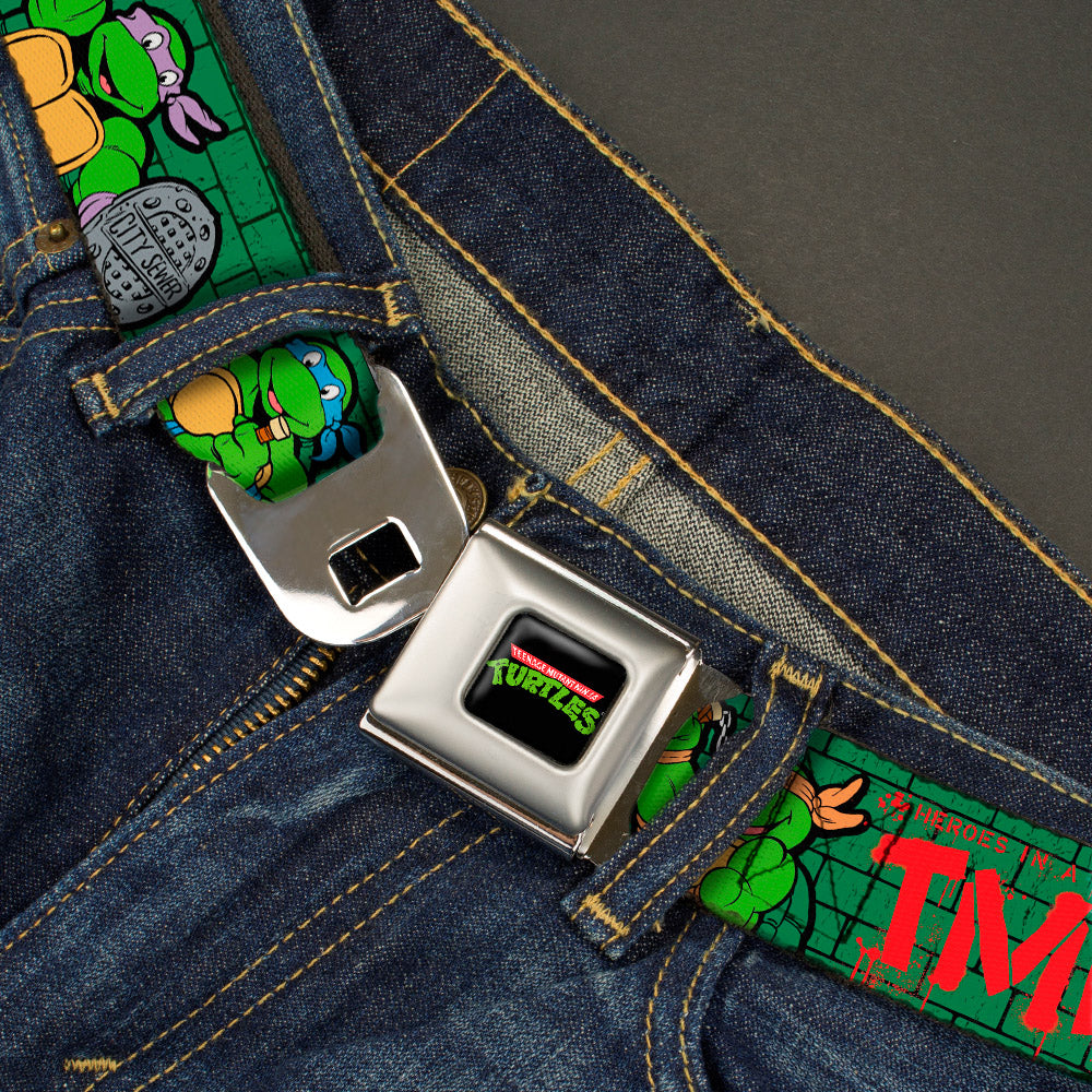 Classic TMNT Logo Full Color Seatbelt Belt - Classic Teenage Mutant Ninja Turtles Group Pose2/TMNT Green Brick Wall Webbing Seatbelt Belts Teenage Mutant Ninja Turtles