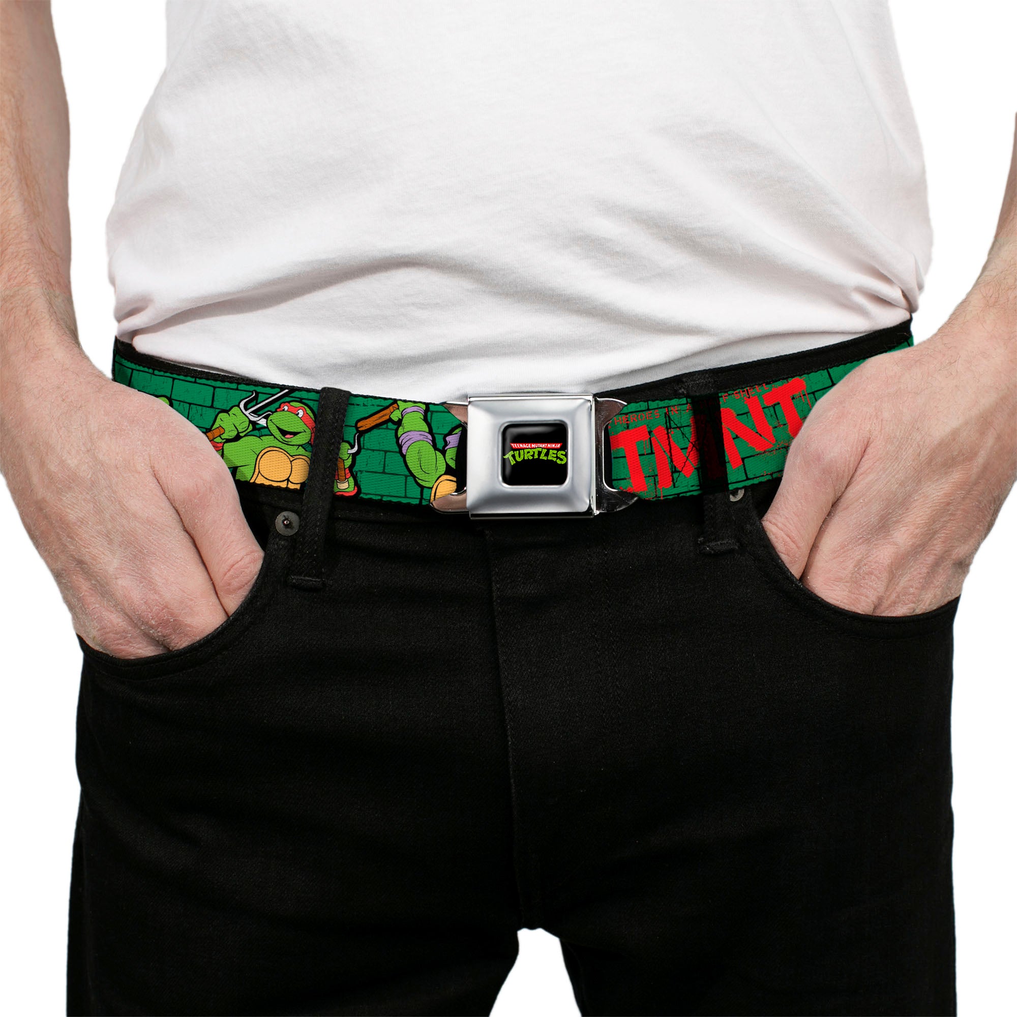 Classic TMNT Logo Full Color Seatbelt Belt - Classic Teenage Mutant Ninja Turtles Group Pose2/TMNT Green Brick Wall Webbing Seatbelt Belts Teenage Mutant Ninja Turtles