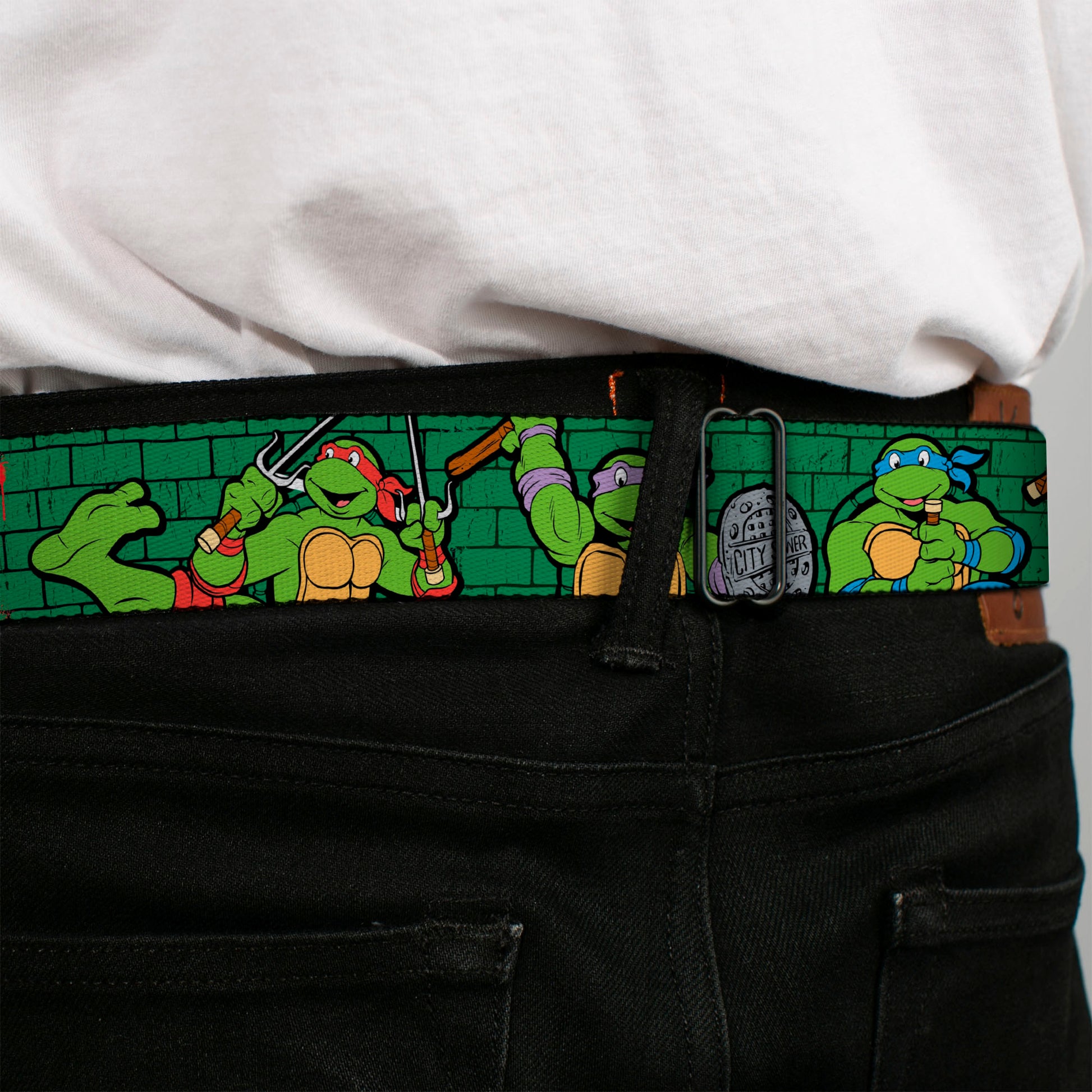 Classic TMNT Logo Full Color Seatbelt Belt - Classic Teenage Mutant Ninja Turtles Group Pose2/TMNT Green Brick Wall Webbing Seatbelt Belts Teenage Mutant Ninja Turtles