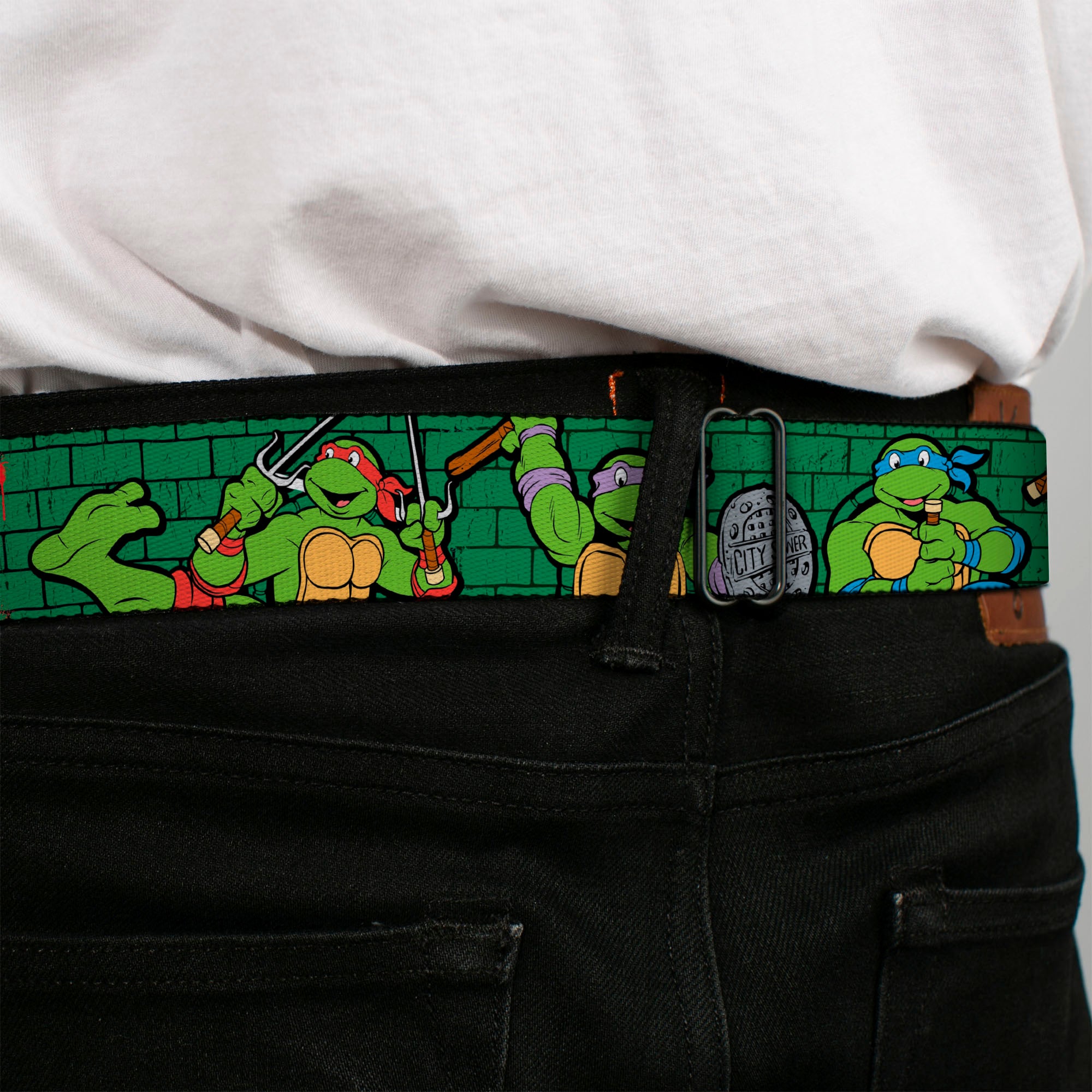 Classic TMNT Logo Full Color Seatbelt Belt - Classic Teenage Mutant Ninja Turtles Group Pose2/TMNT Green Brick Wall Webbing Seatbelt Belts Teenage Mutant Ninja Turtles
