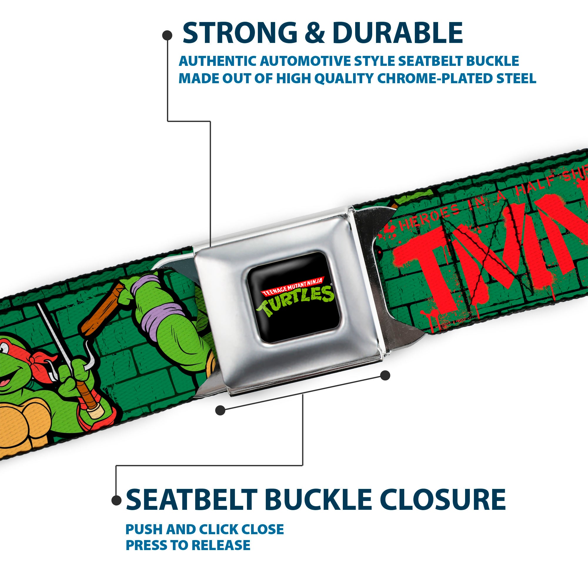 Classic TMNT Logo Full Color Seatbelt Belt - Classic Teenage Mutant Ninja Turtles Group Pose2/TMNT Green Brick Wall Webbing Seatbelt Belts Teenage Mutant Ninja Turtles