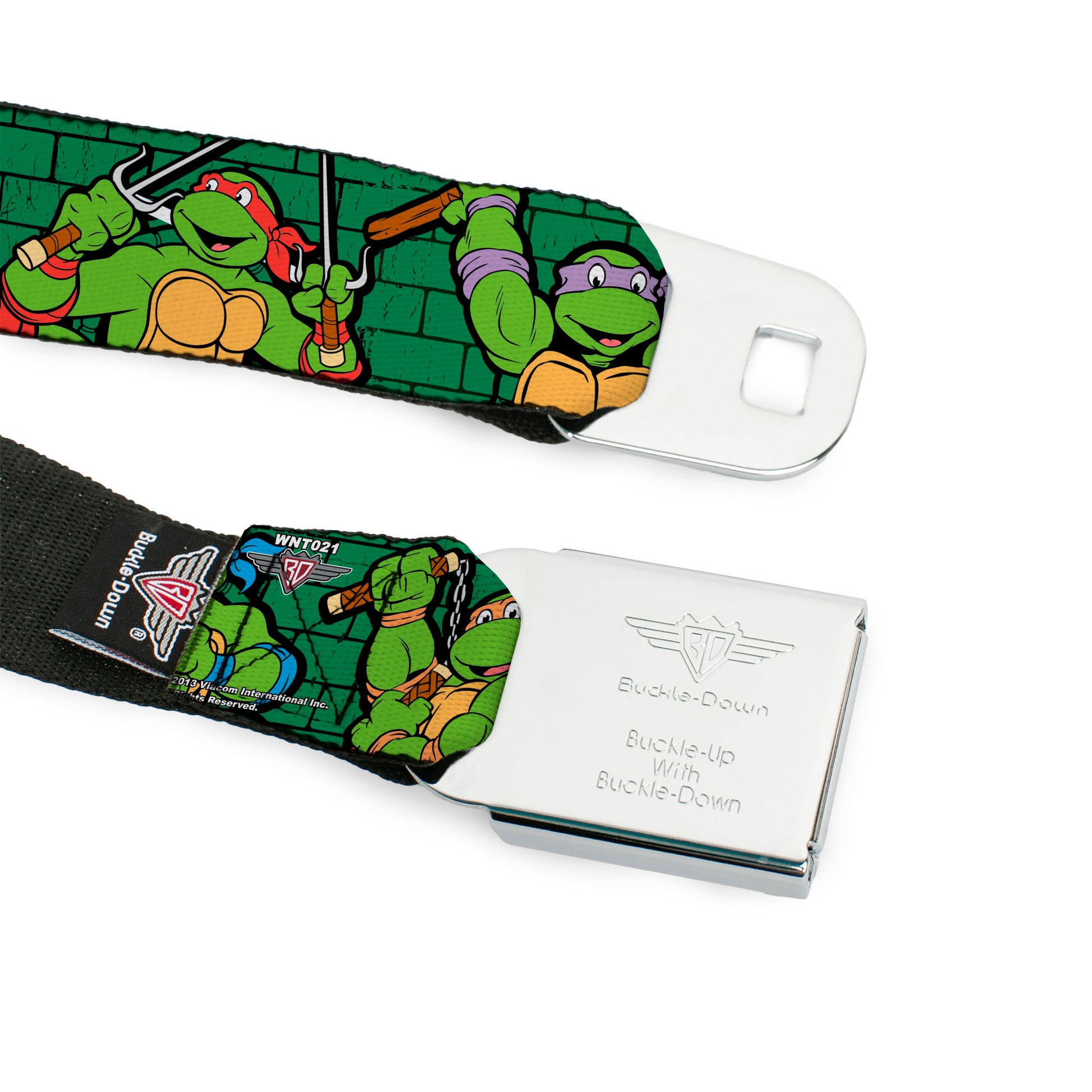 Classic TMNT Logo Full Color Seatbelt Belt - Classic Teenage Mutant Ninja Turtles Group Pose2/TMNT Green Brick Wall Webbing Seatbelt Belts Teenage Mutant Ninja Turtles