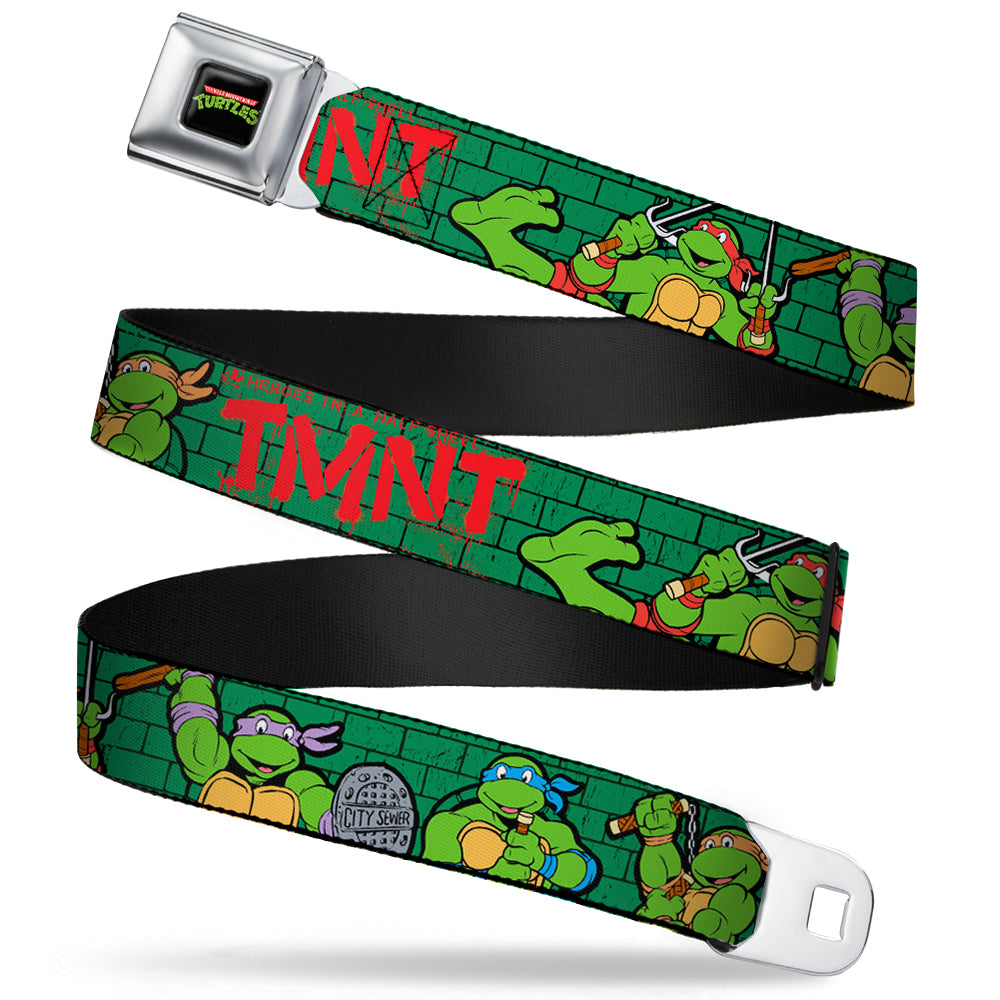 Classic TMNT Logo Full Color Seatbelt Belt - Classic Teenage Mutant Ninja Turtles Group Pose2/TMNT Green Brick Wall Webbing Seatbelt Belts Teenage Mutant Ninja Turtles