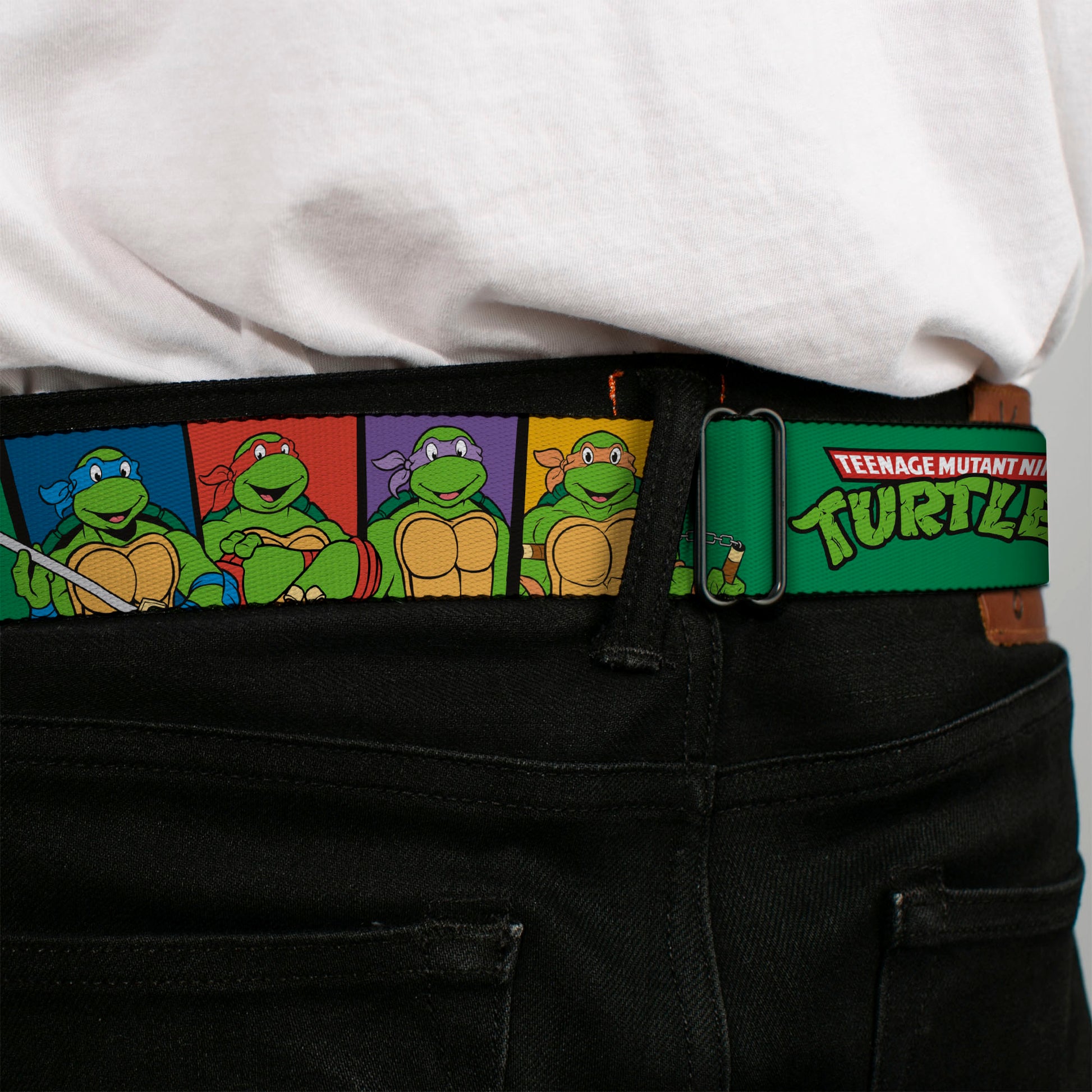 Classic TMNT Logo Full Color Seatbelt Belt - Classic TEENAGE MUTANT NINJA TURTLES Group Pose3/TMNT Logo Green/Multi Color Webbing Seatbelt Belts Teenage Mutant Ninja Turtles