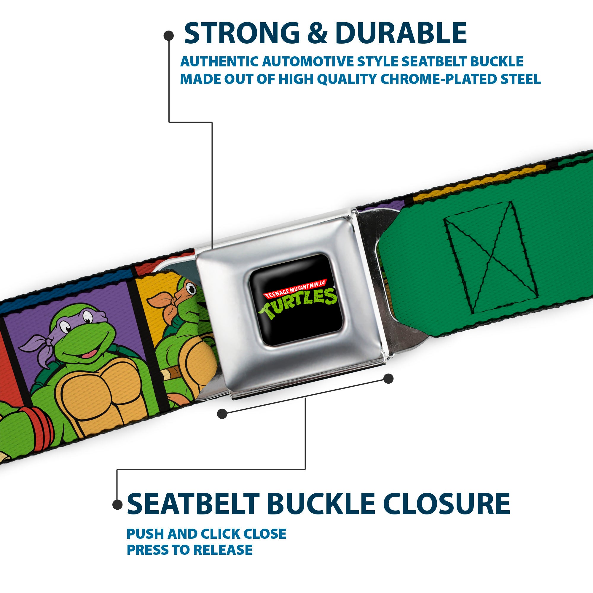 Classic TMNT Logo Full Color Seatbelt Belt - Classic TEENAGE MUTANT NINJA TURTLES Group Pose3/TMNT Logo Green/Multi Color Webbing Seatbelt Belts Teenage Mutant Ninja Turtles