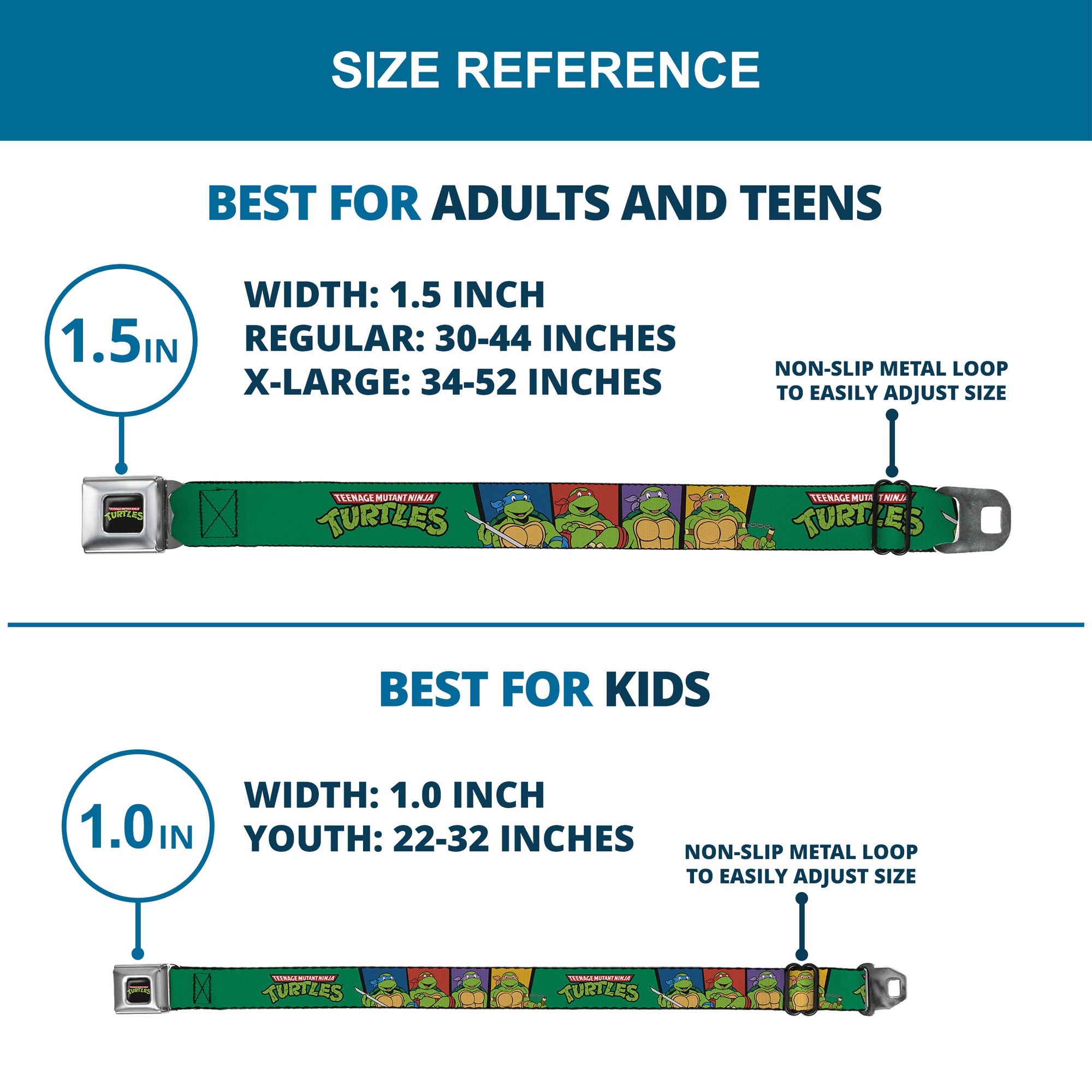 Classic TMNT Logo Full Color Seatbelt Belt - Classic TEENAGE MUTANT NINJA TURTLES Group Pose3/TMNT Logo Green/Multi Color Webbing Seatbelt Belts Teenage Mutant Ninja Turtles