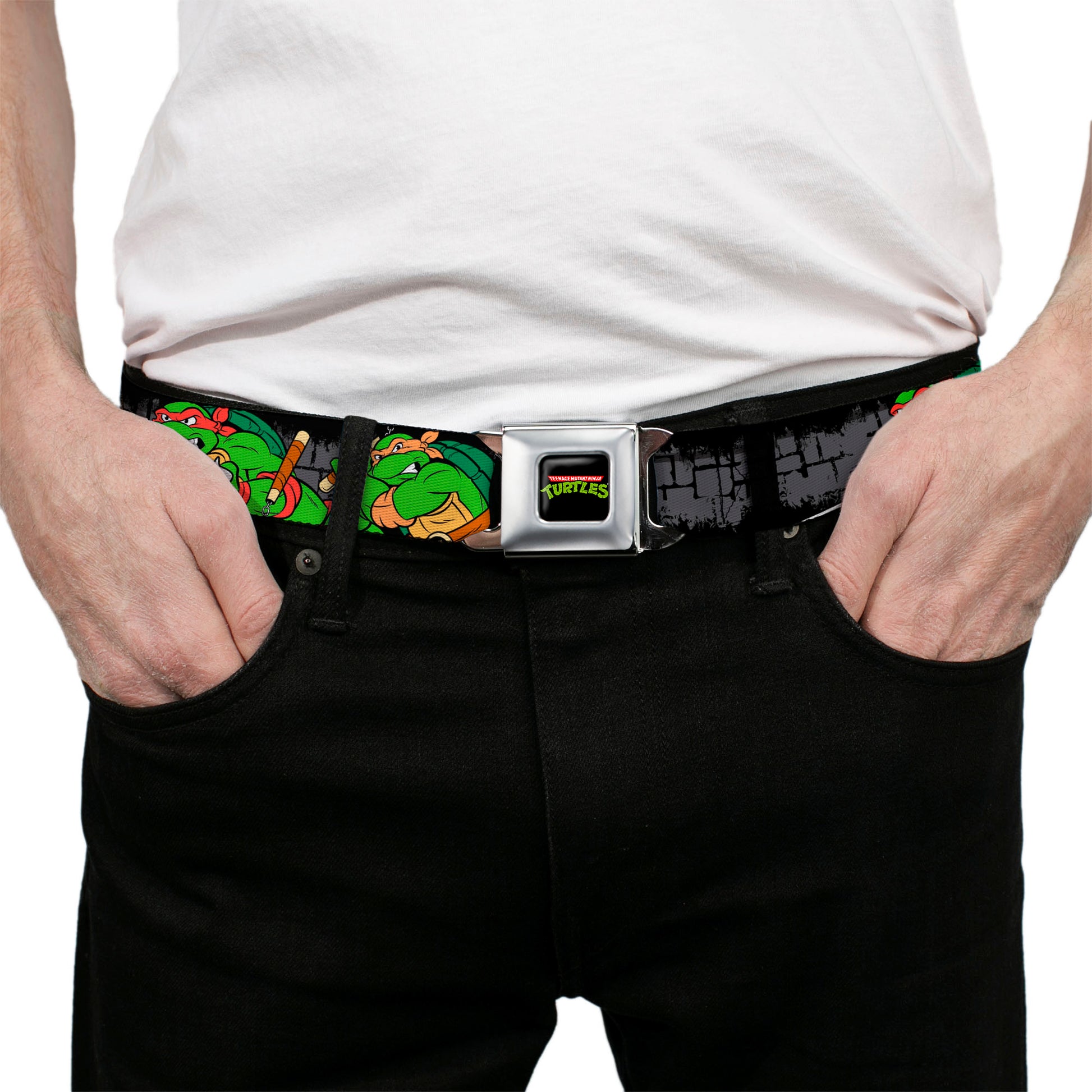 Classic TMNT Logo Full Color Seatbelt Belt - Classic TEENAGE MUTANT NINJA TURTLES Group Pose4 in Sewer/TMNT Logo Webbing Seatbelt Belts Teenage Mutant Ninja Turtles