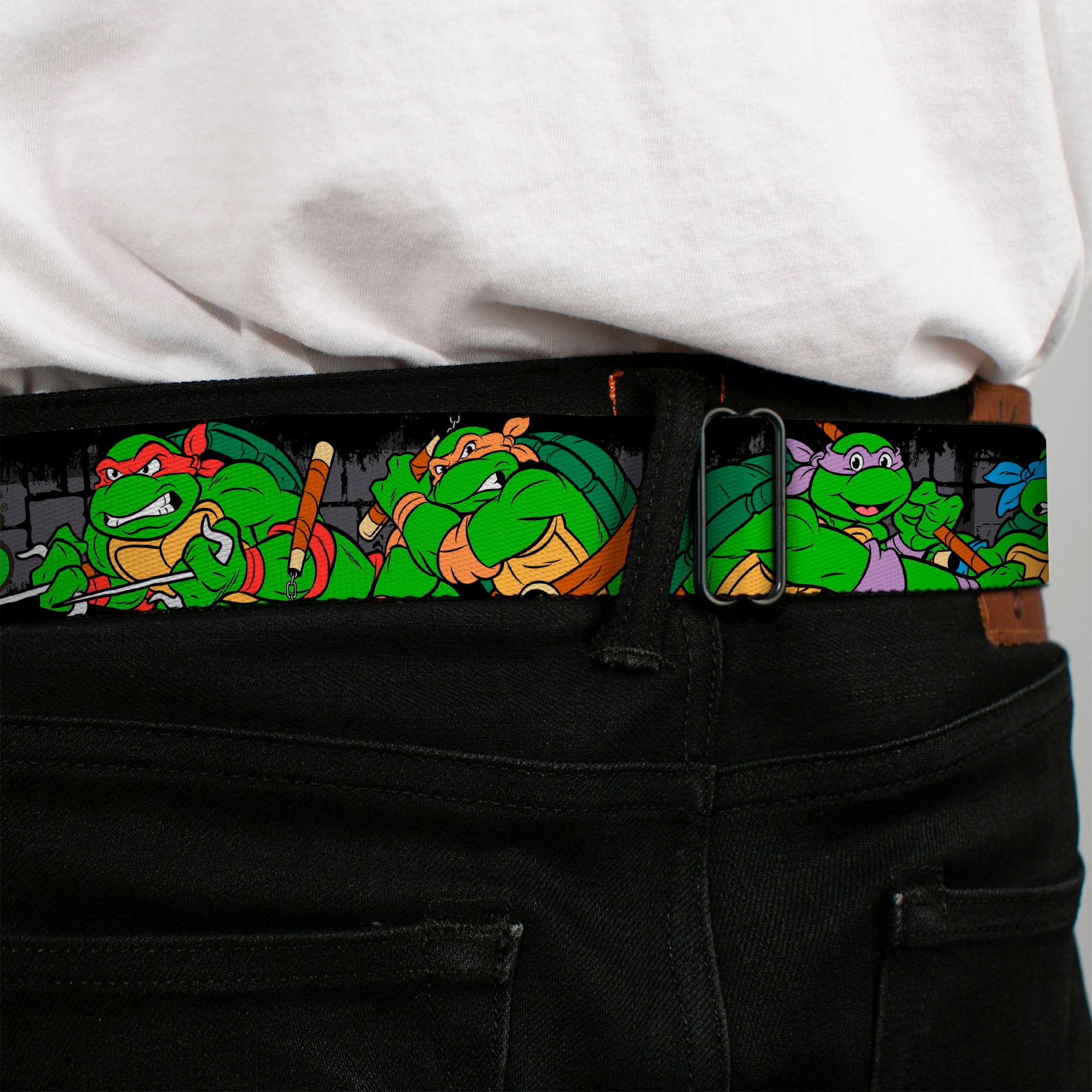 Classic TMNT Logo Full Color Seatbelt Belt - Classic TEENAGE MUTANT NINJA TURTLES Group Pose4 in Sewer/TMNT Logo Webbing Seatbelt Belts Teenage Mutant Ninja Turtles