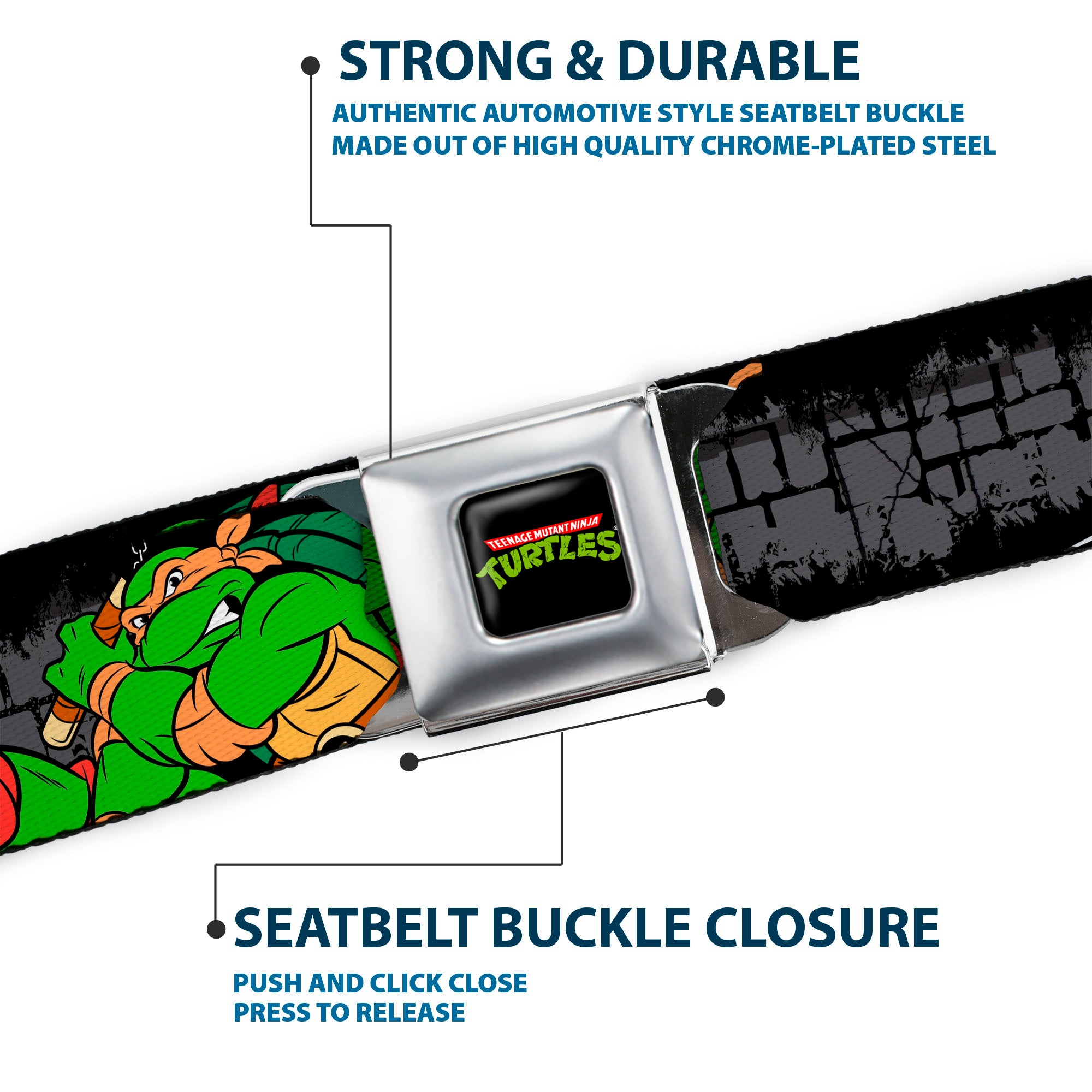 Classic TMNT Logo Full Color Seatbelt Belt - Classic TEENAGE MUTANT NINJA TURTLES Group Pose4 in Sewer/TMNT Logo Webbing Seatbelt Belts Teenage Mutant Ninja Turtles