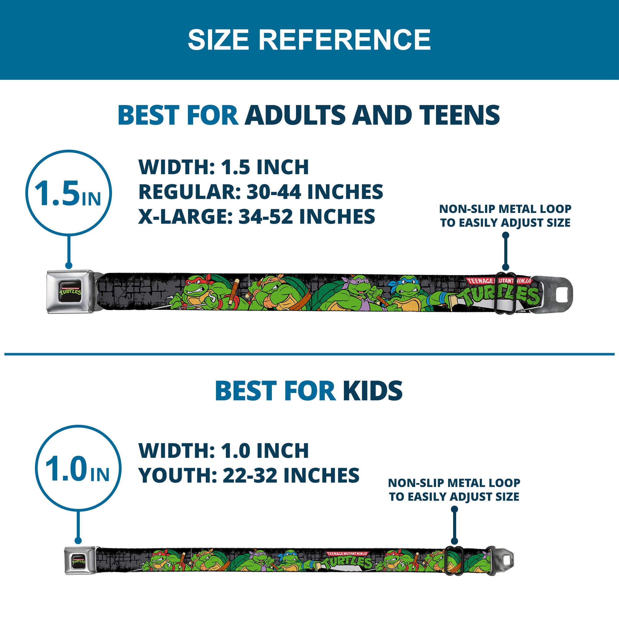 Classic TMNT Logo Full Color Seatbelt Belt - Classic TEENAGE MUTANT NINJA TURTLES Group Pose4 in Sewer/TMNT Logo Webbing Seatbelt Belts Teenage Mutant Ninja Turtles