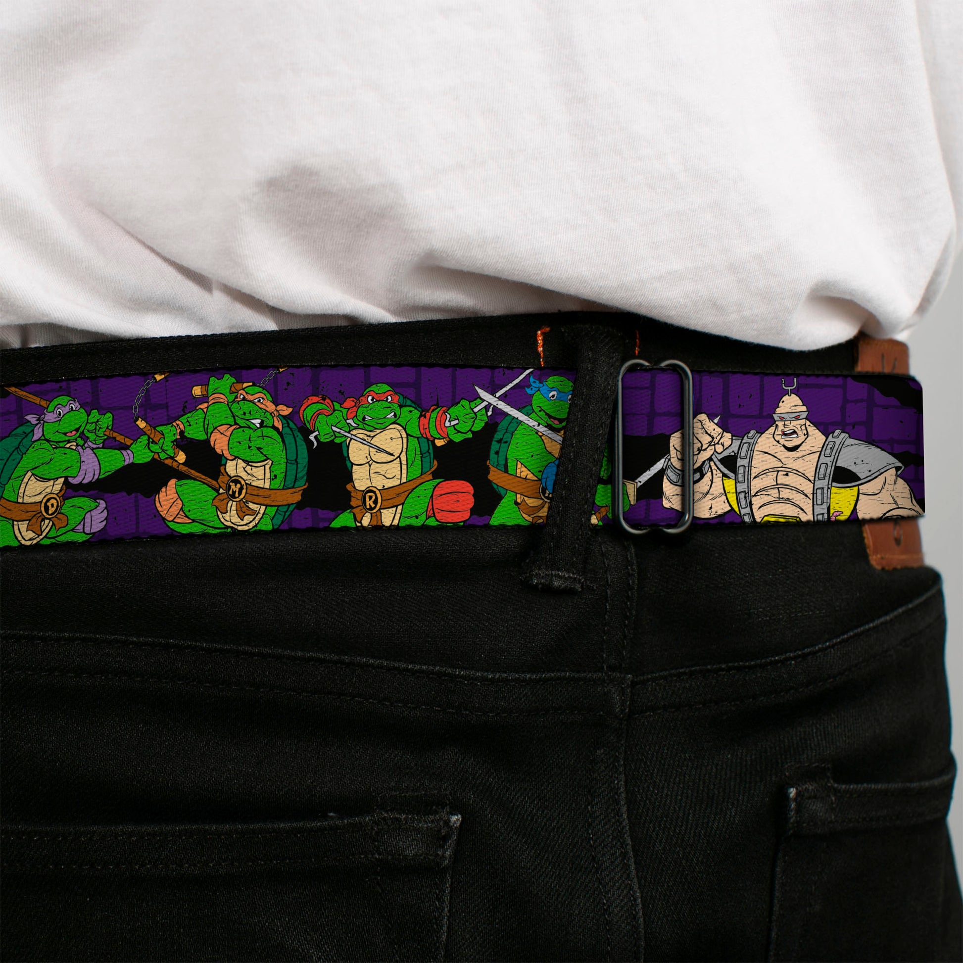 Classic TMNT Logo Full Color Seatbelt Belt - Classic Teenage Mutant Ninja Turtles Group & Villain Poses Purple Webbing Seatbelt Belts Teenage Mutant Ninja Turtles